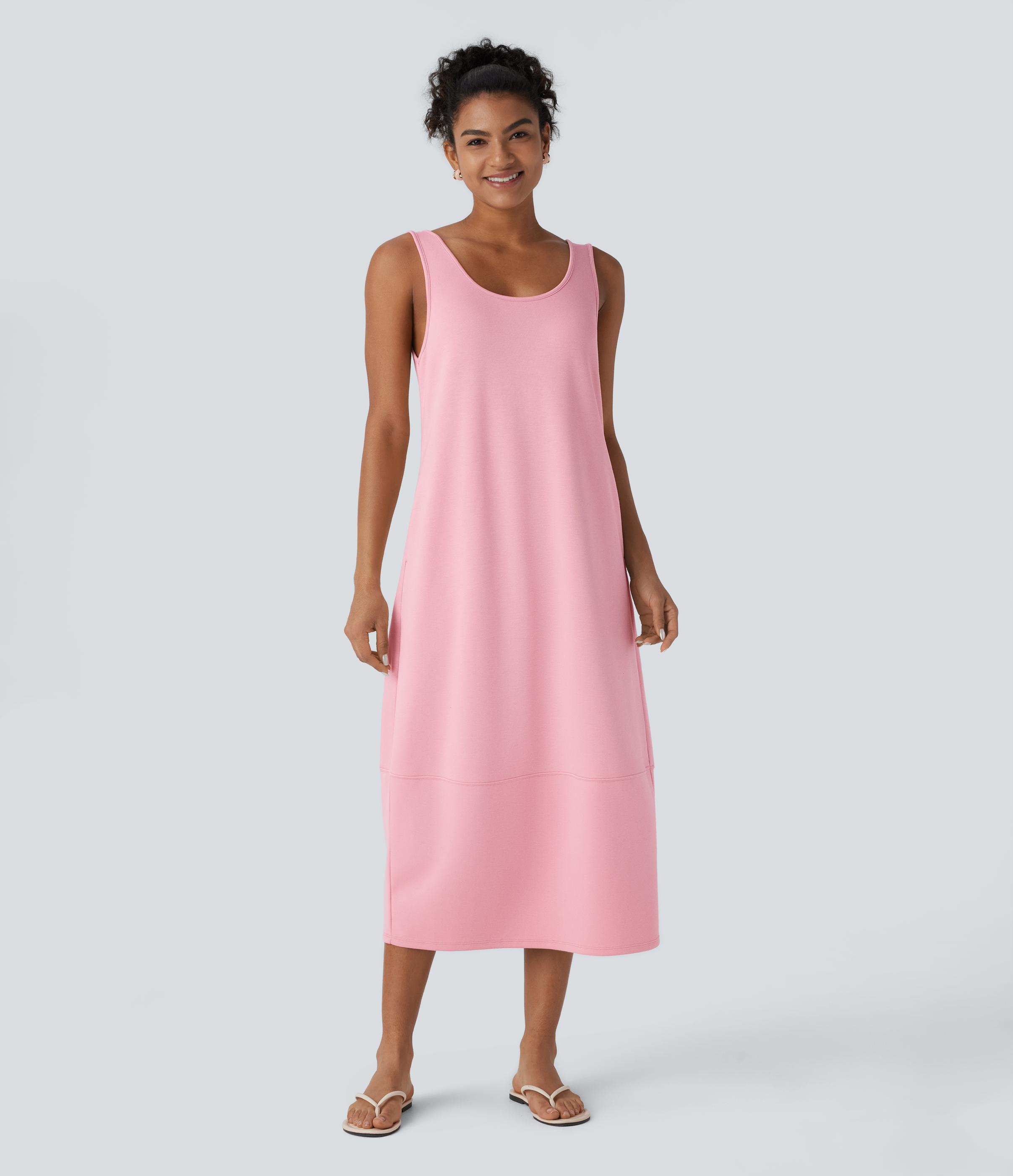 Halara Backless Side Pockets Barrel Midi Resort Tank Dress Casual Dress - Coral Blush - L slip dress beach dress ruched dress halter dress 
