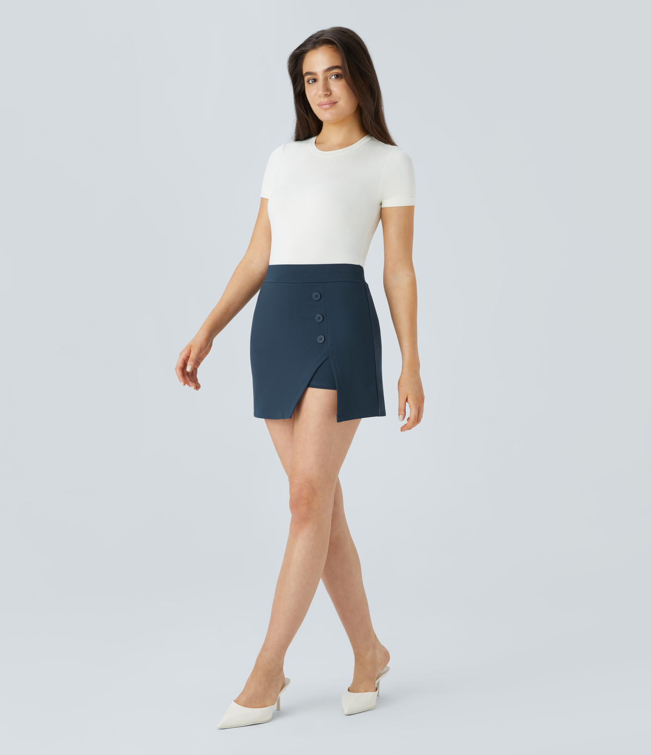 Halara High Waisted Decorative Button Split 2-in-1 Mini Work Skirt  - Deep Secluded Blue - S(regular) 