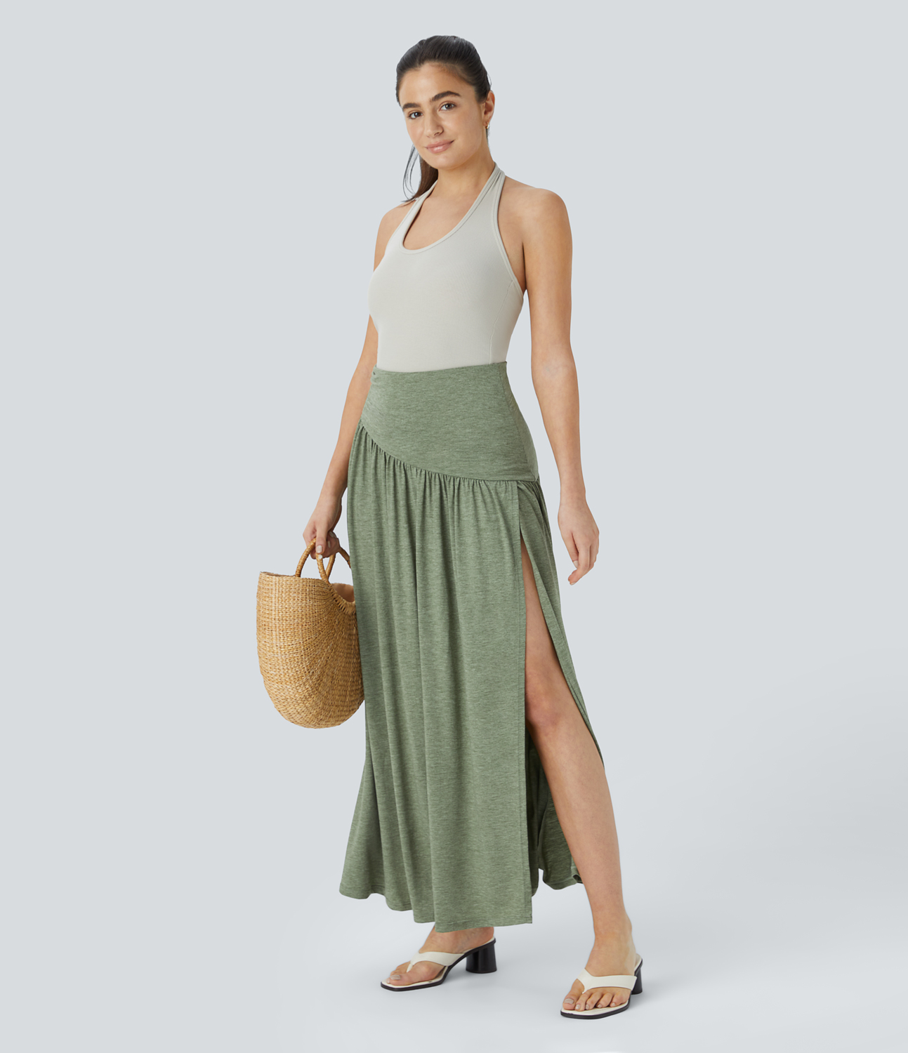 Halara Super High Waisted Ruched Split Maxi Resort Skirt  - Light Green Floral Yarn - S(regular) 