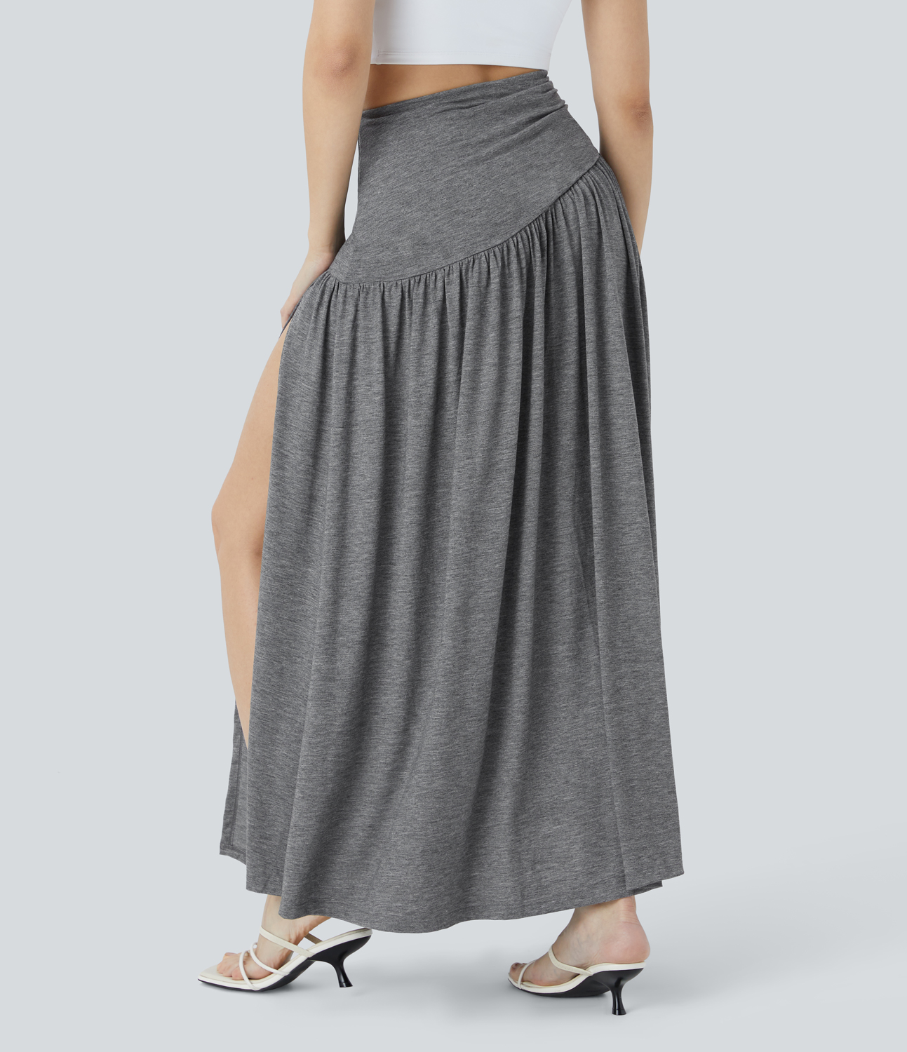 Halara Super High Waisted Ruched Split Maxi Resort Skirt  - Darl Gray Floral Yarn - S(regular) 
