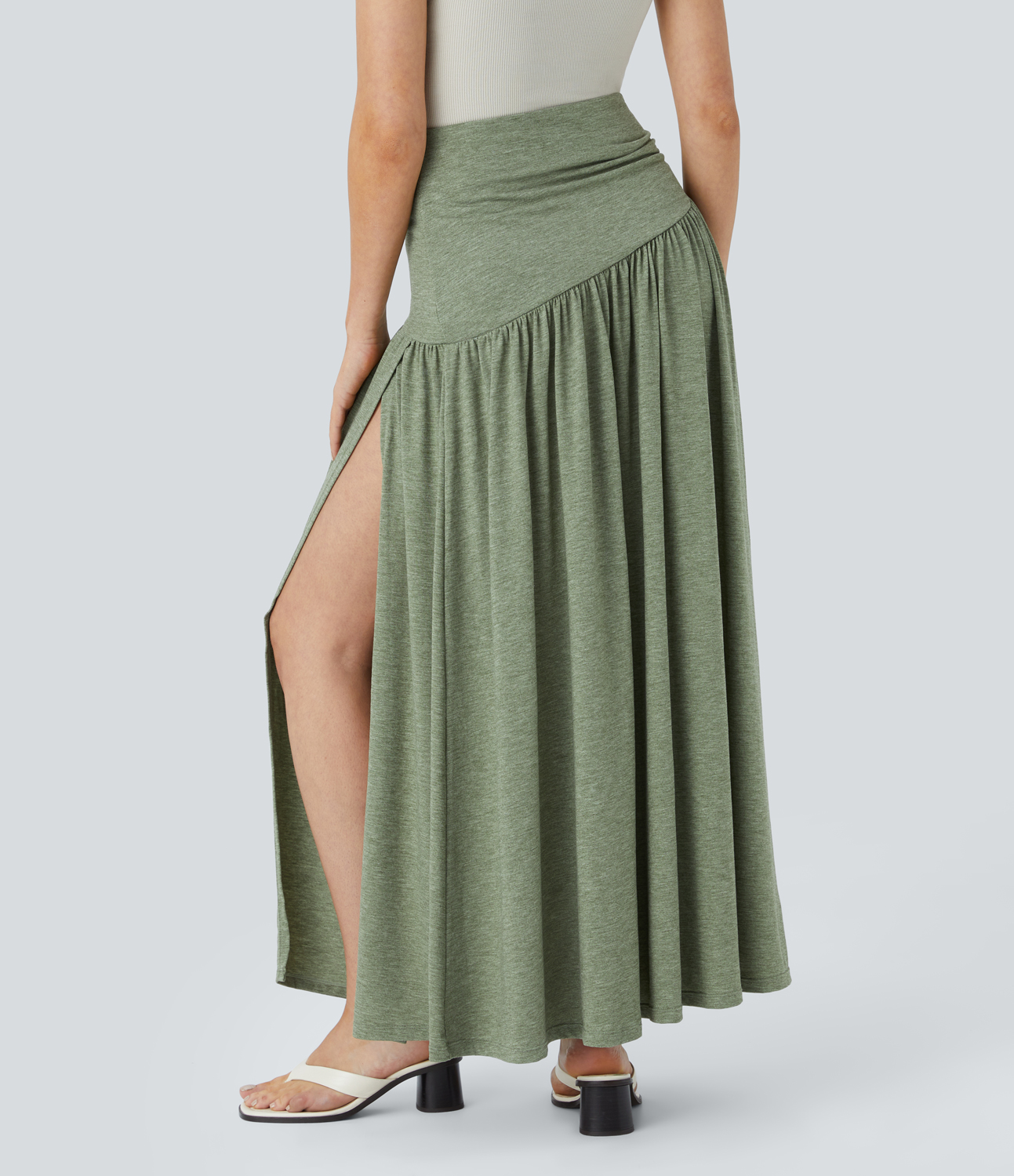 Halara Super High Waisted Ruched Split Maxi Resort Skirt  - Light Green Floral Yarn - S(regular) 