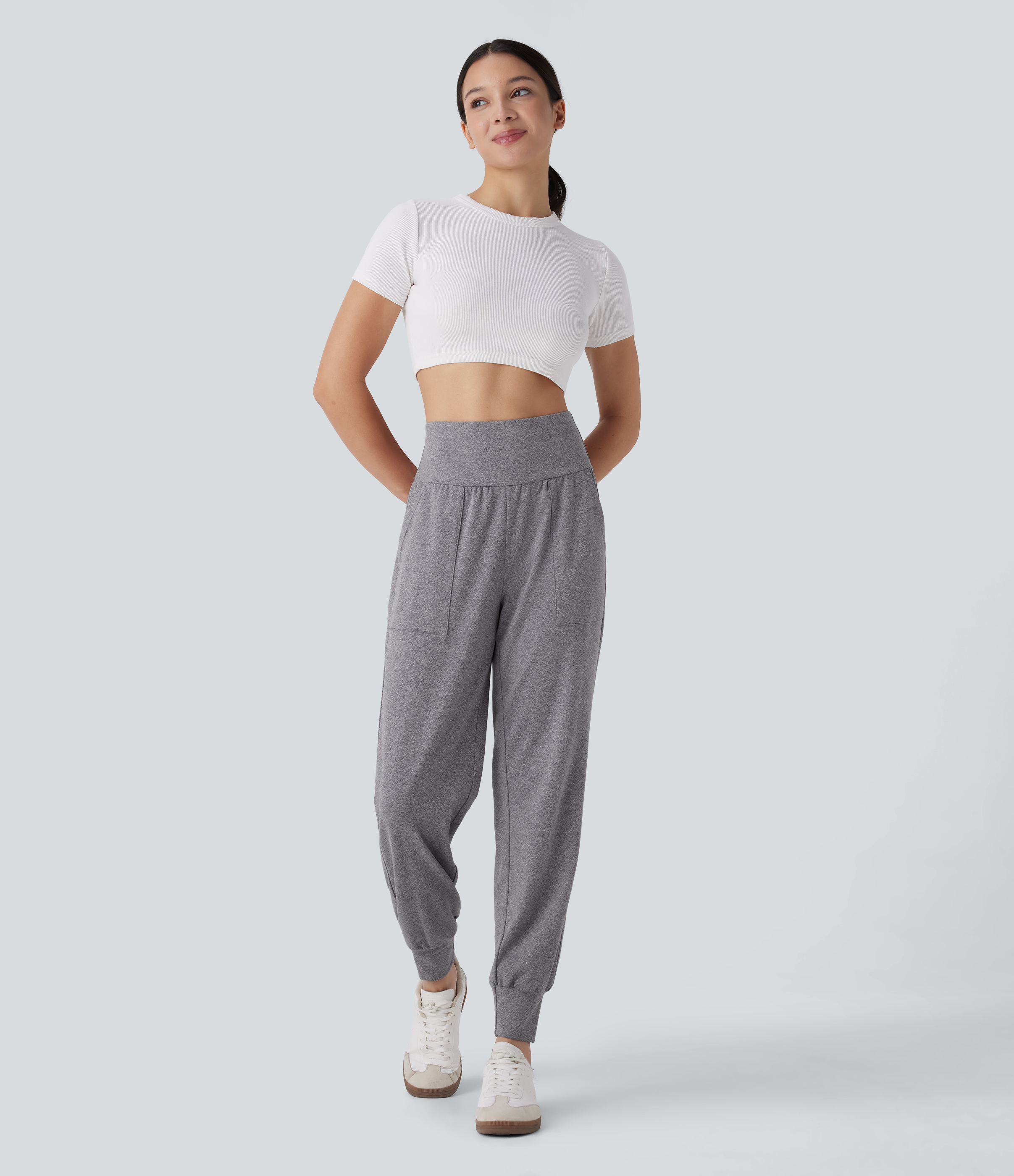 Halara High Waisted Side Pocket Casual Joggers  - Mottled Light Grey - M(regular) 