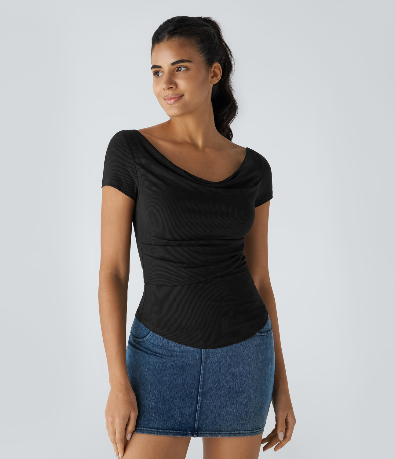 Halara Ribbed Knit Boat Neck Ruched Curved Hem Skinny Casual Top Tank Top - Black - L golf tops halter top tunic tops sleeveless tops 