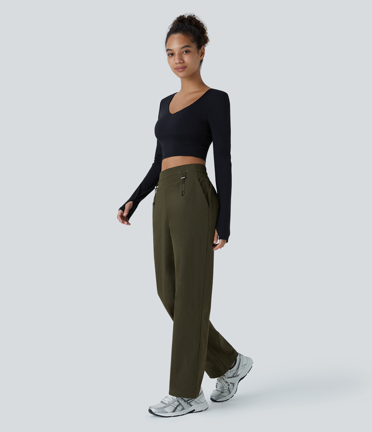 Halara Wear-Resistant Mid Rise Adjustable Drawcord Side Pocket Straight Leg Casual Pants  - Twilight Green - S(regular) 