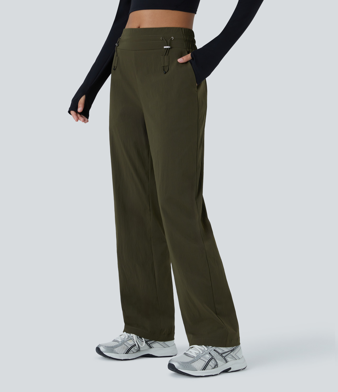Halara Wear-Resistant Mid Rise Adjustable Drawcord Side Pocket Straight Leg Casual Pants  - Twilight Green - S(regular) 