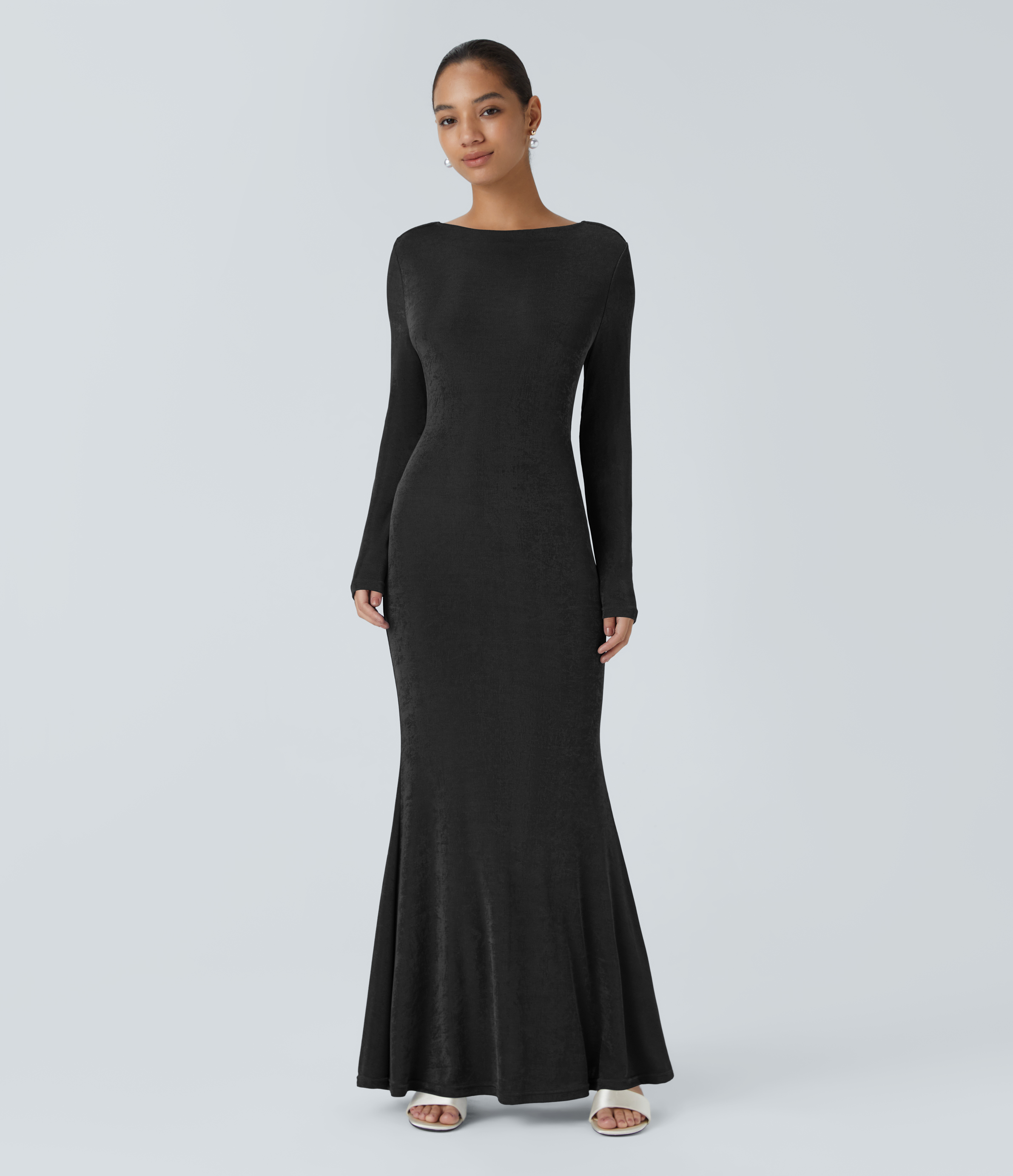 Halara Backless Lace Up Long Sleeve Mermaid Maxi Party Dress Casual Dress - Black - XL slip dress beach dress ruched dress halter dress 