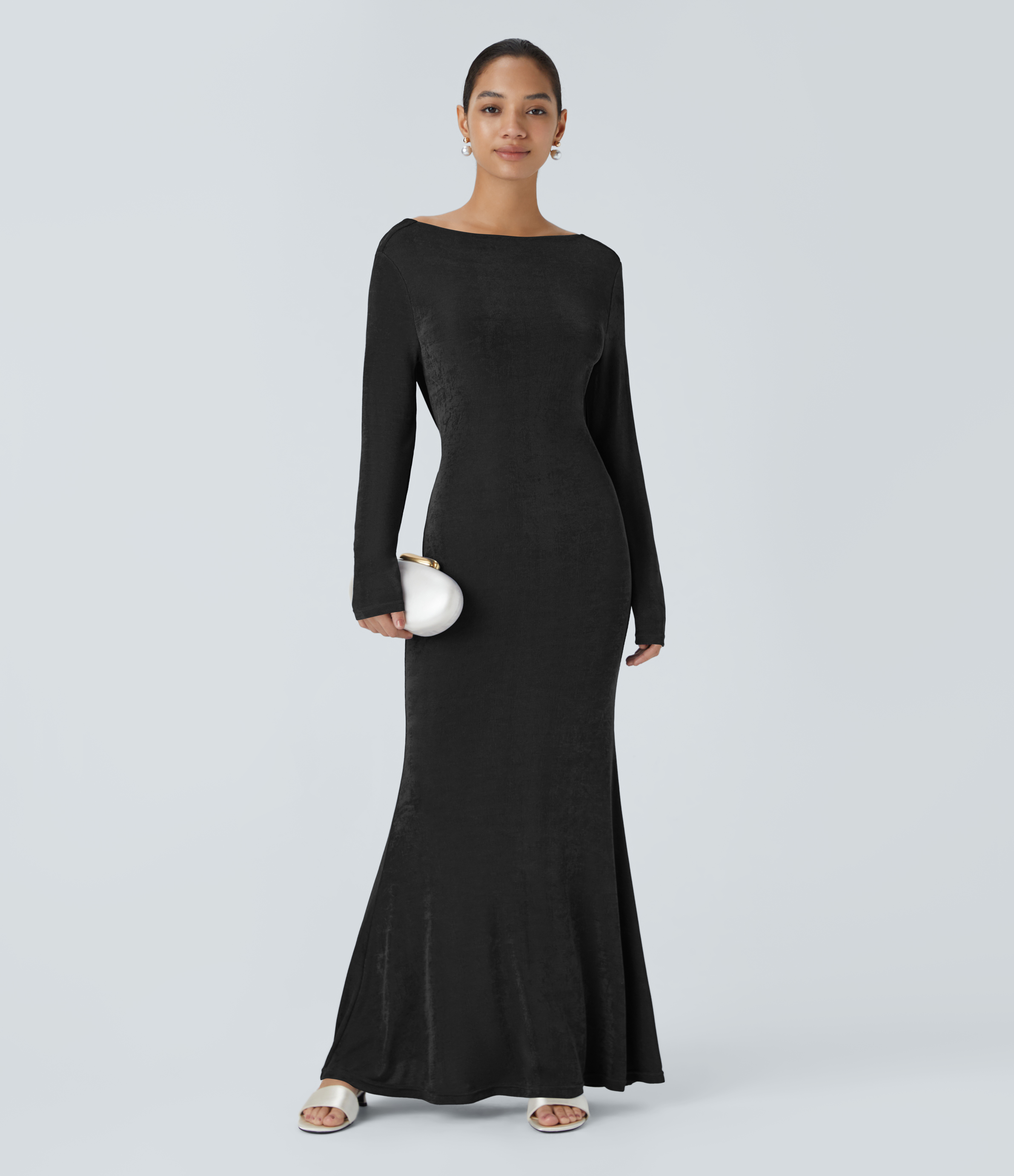 Halara Backless Lace Up Long Sleeve Mermaid Maxi Party Dress Casual Dress - Black - XL slip dress beach dress ruched dress halter dress 