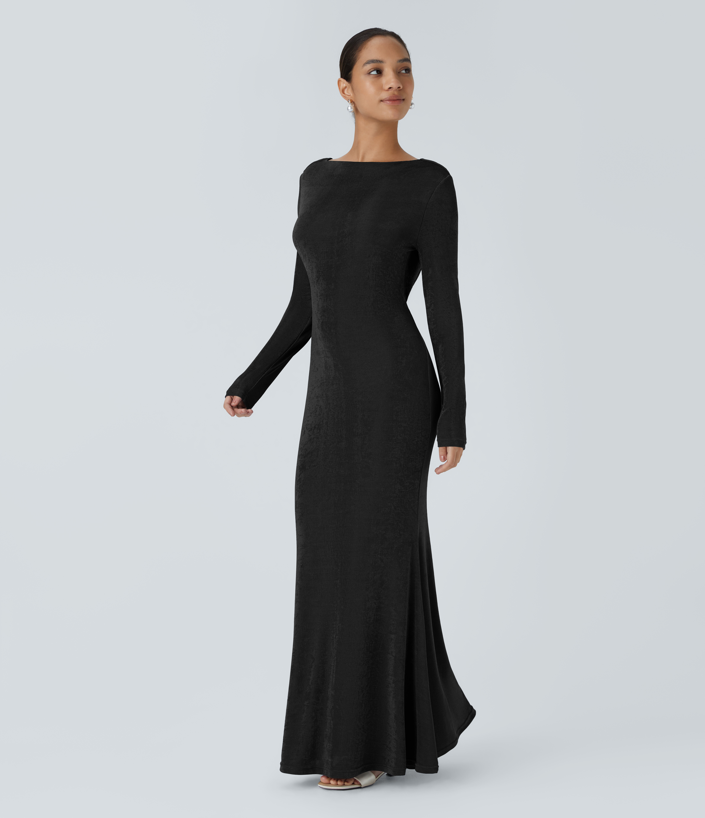 Halara Backless Lace Up Long Sleeve Mermaid Maxi Party Dress Casual Dress - Black - XL slip dress beach dress ruched dress halter dress 