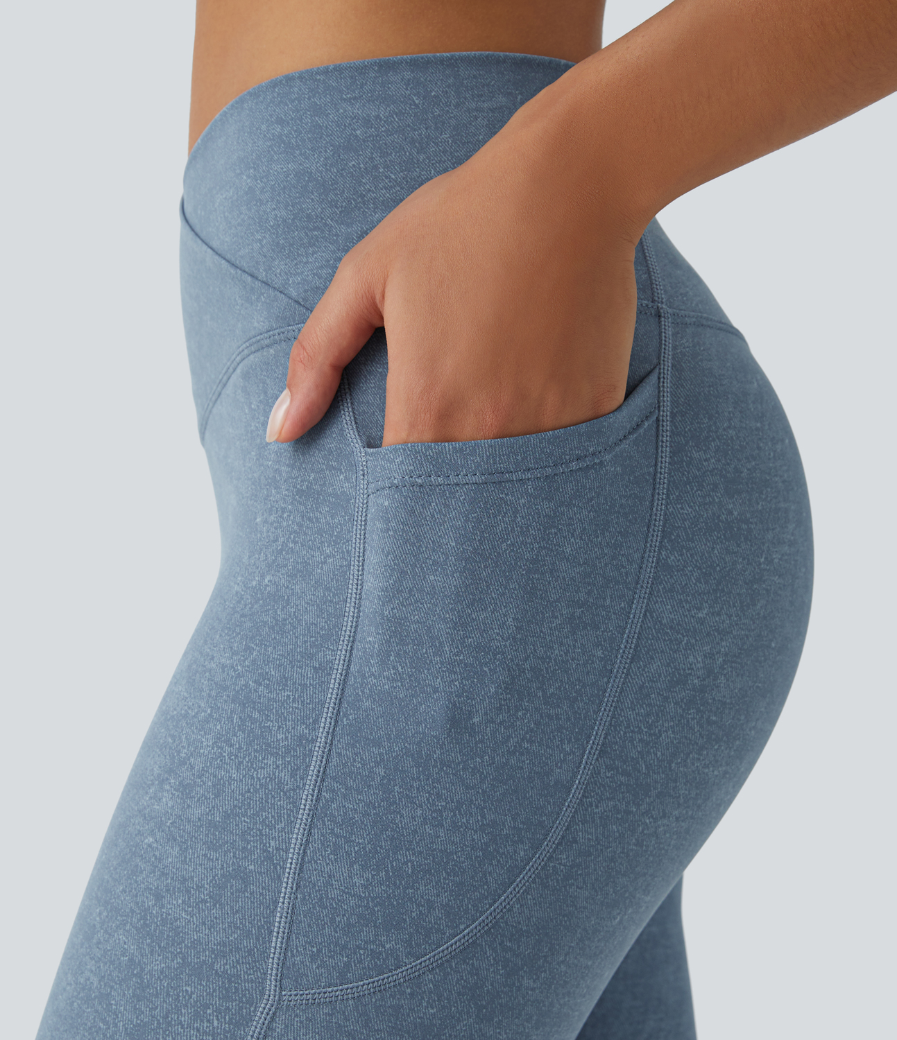 Halara Crossover Side Pocket Stretchy Denim Print Yoga Leggings  - Denim Dark Blue - M(full_length) gym leggings leggings with pockets 