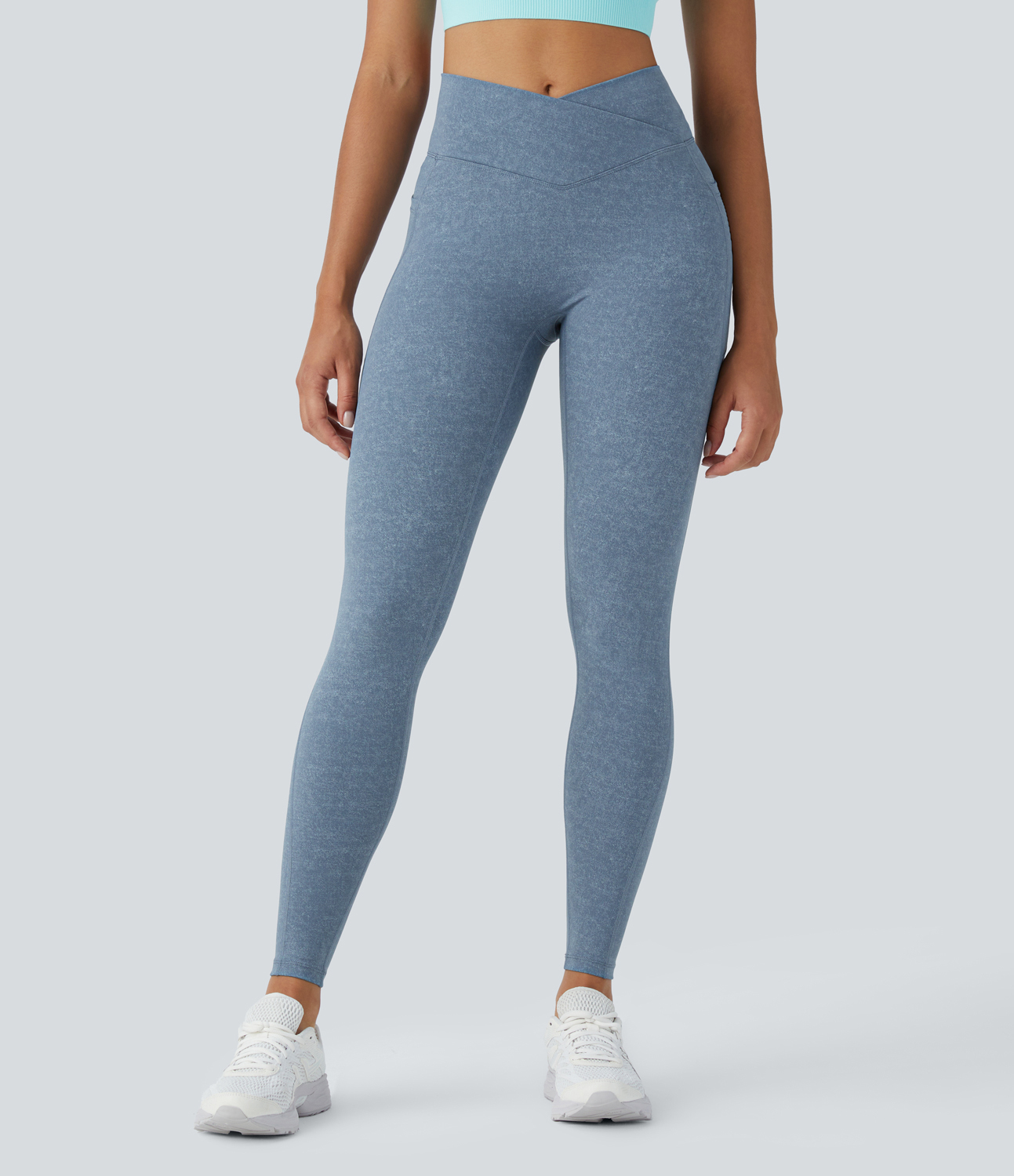 Halara Crossover Side Pocket Stretchy Denim Print Yoga Leggings  - Denim Dark Blue - M(full_length) gym leggings leggings with pockets 