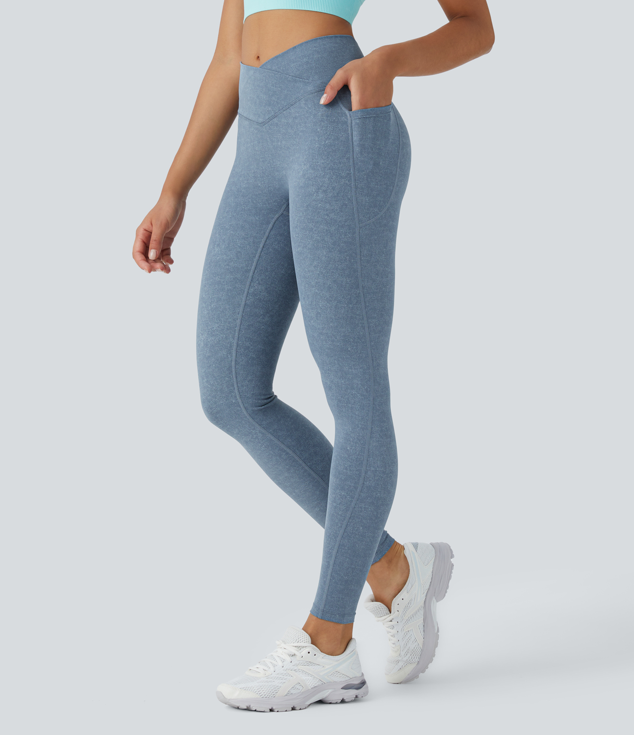 Halara Crossover Side Pocket Stretchy Denim Print Yoga Leggings  - Denim Dark Blue - M(full_length) gym leggings leggings with pockets 