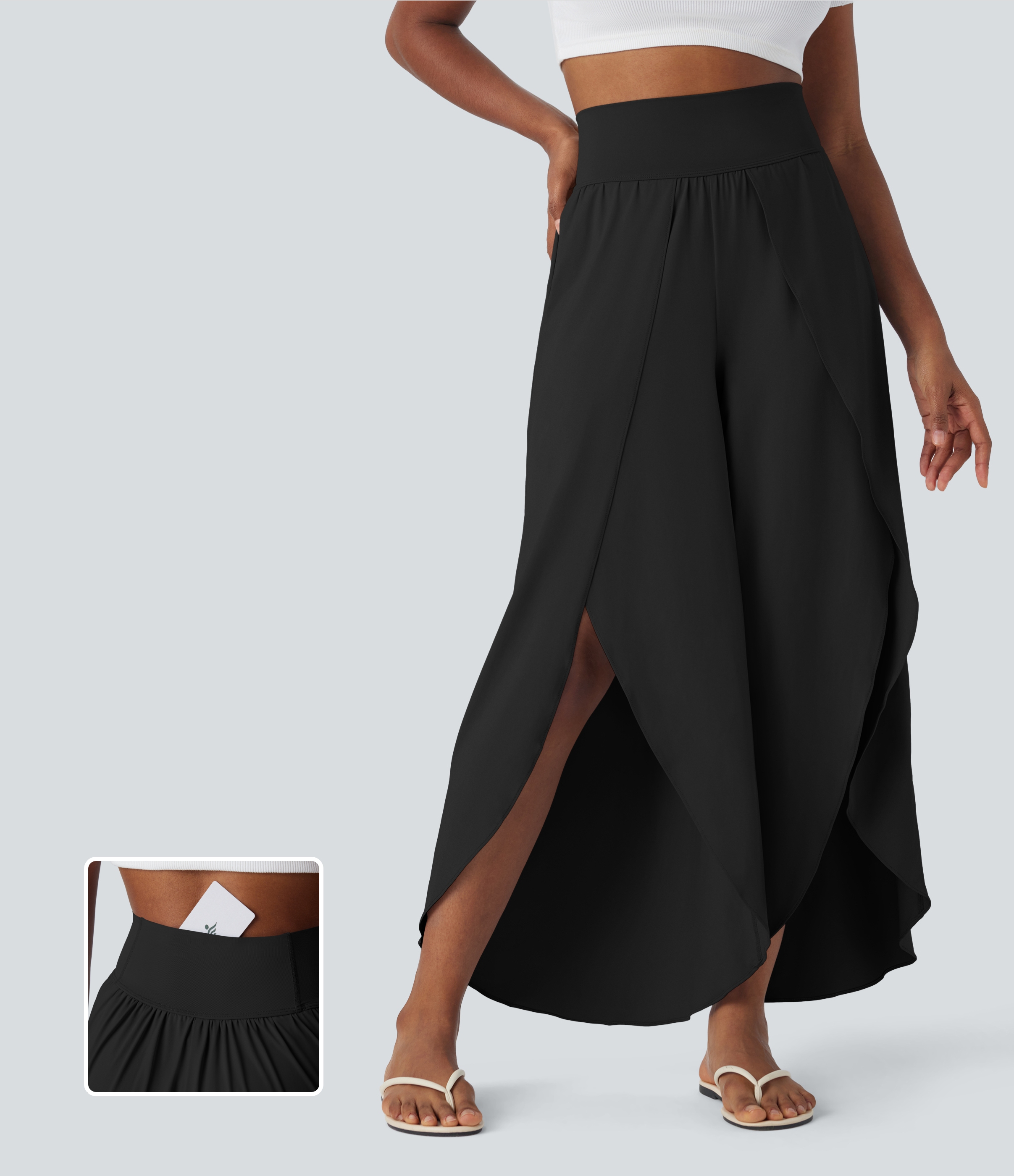 Halara High Waisted Back Waistband Pocket Palazzo Flowy Split Wide Leg Cool Touch Casual Pants  - Black - L(regular) 