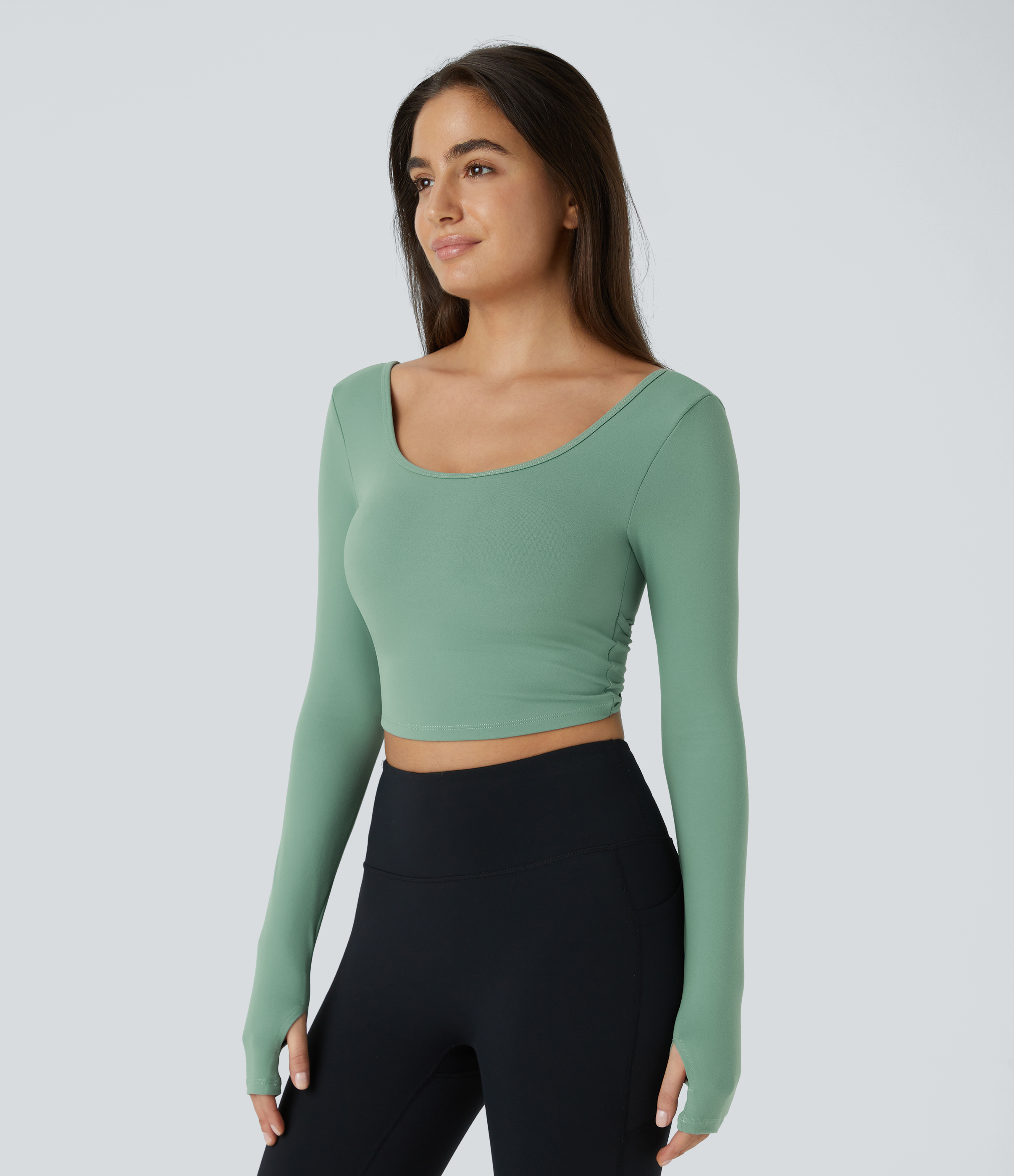 Halara U Neck Backless Crossover Thumb Hole Cropped Yoga Sports Top  - Hedge Green - L 