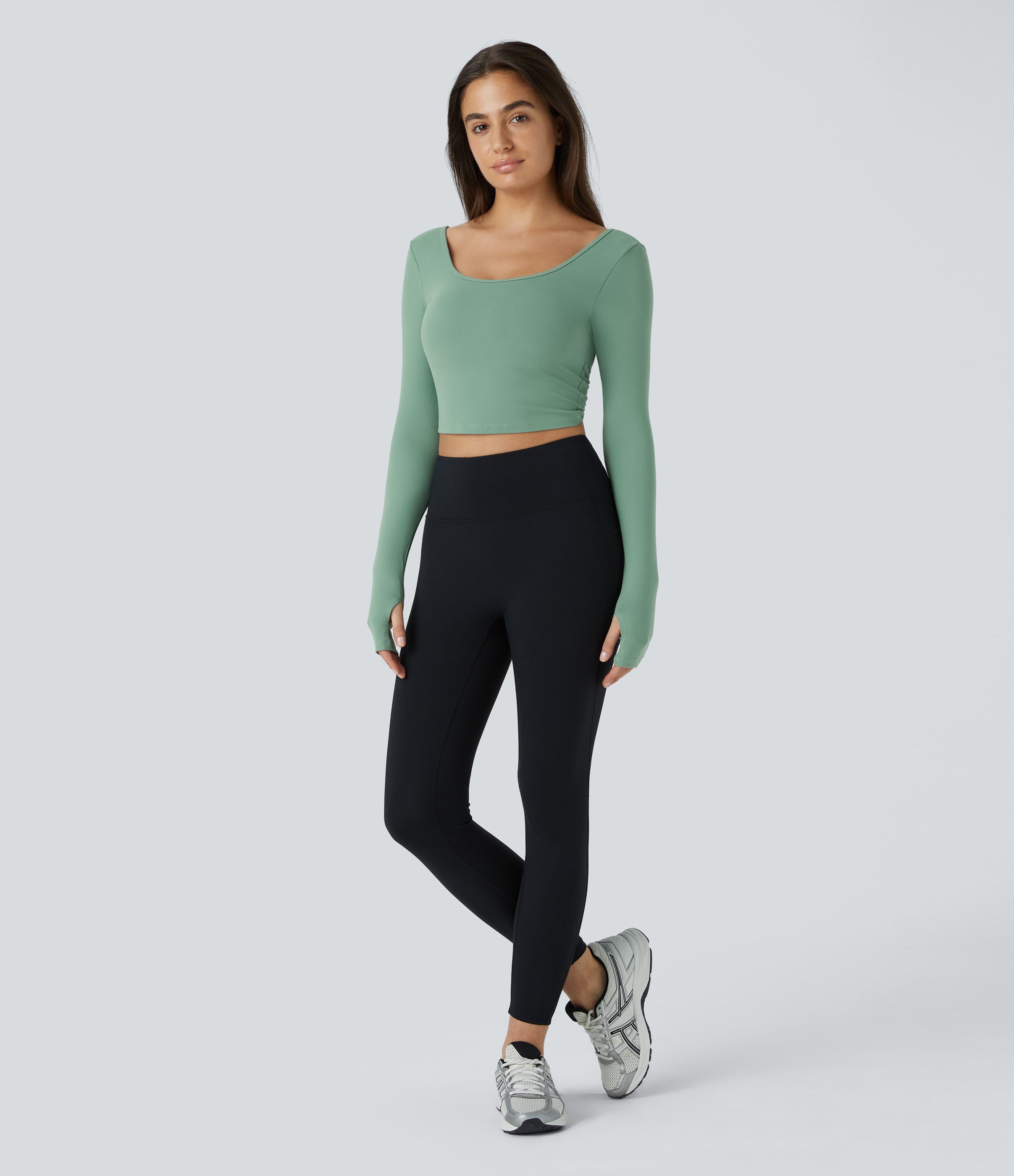 Halara U Neck Backless Crossover Thumb Hole Cropped Yoga Sports Top  - Hedge Green - L 
