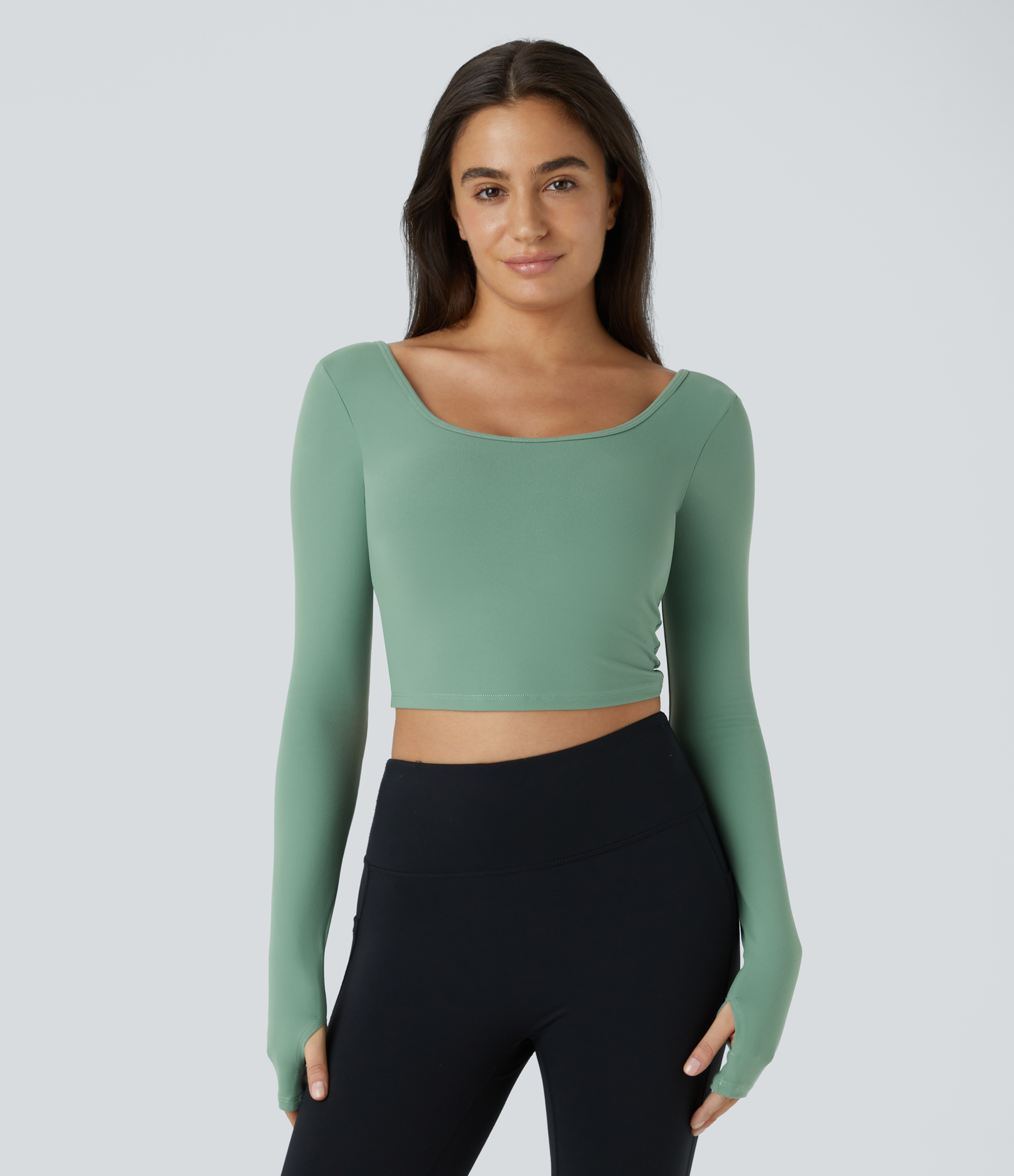 Halara U Neck Backless Crossover Thumb Hole Cropped Yoga Sports Top  - Hedge Green - L 
