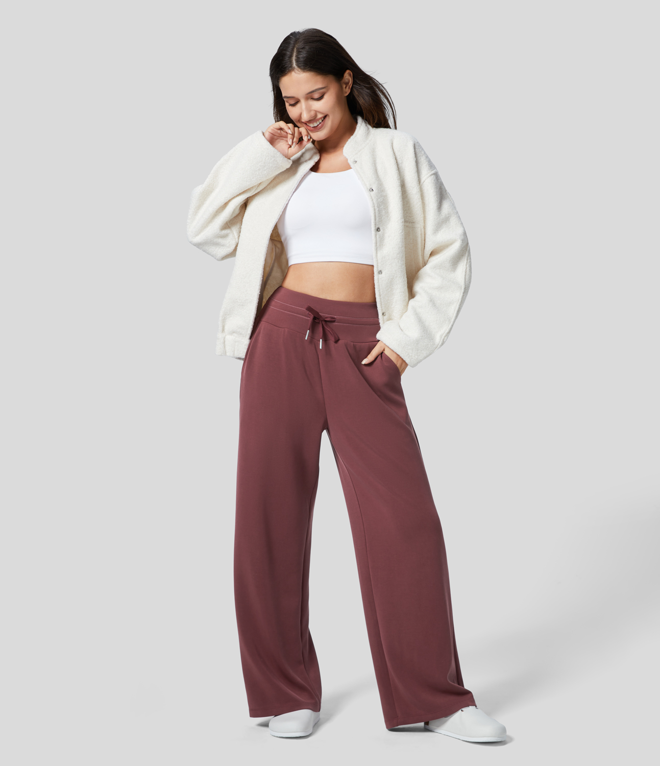 

Halara High Waisted Drawstring Side Pocket Wide Leg Casual Pants - Oxblood Red -  sweatpants jogger pants stacked sweatpants