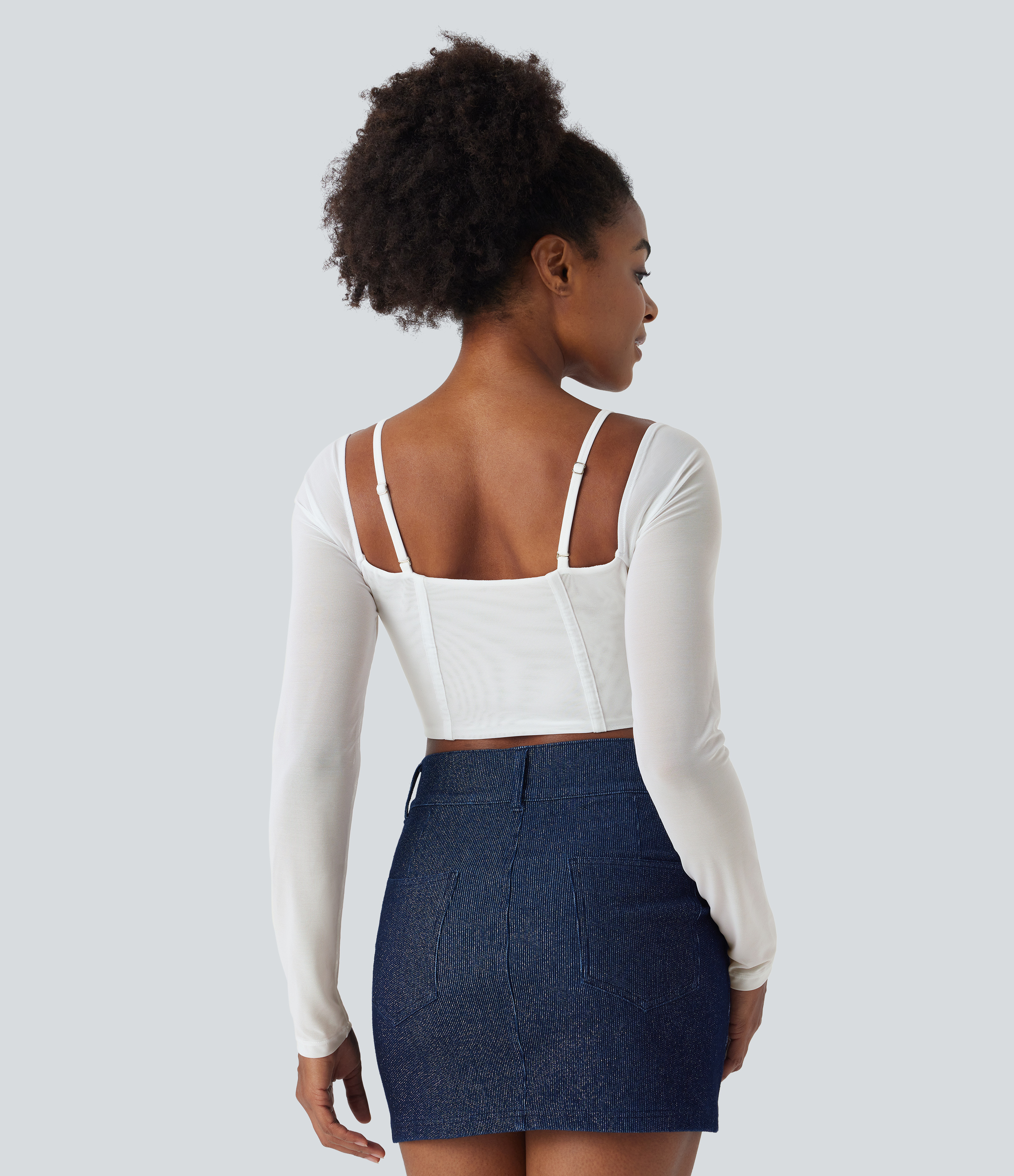 Halara Sheer Adjustable Strap Backless Long Sleeve Mesh Corset Cropped Casual Top Tank Top - Snow White - M golf tops halter top tunic tops 