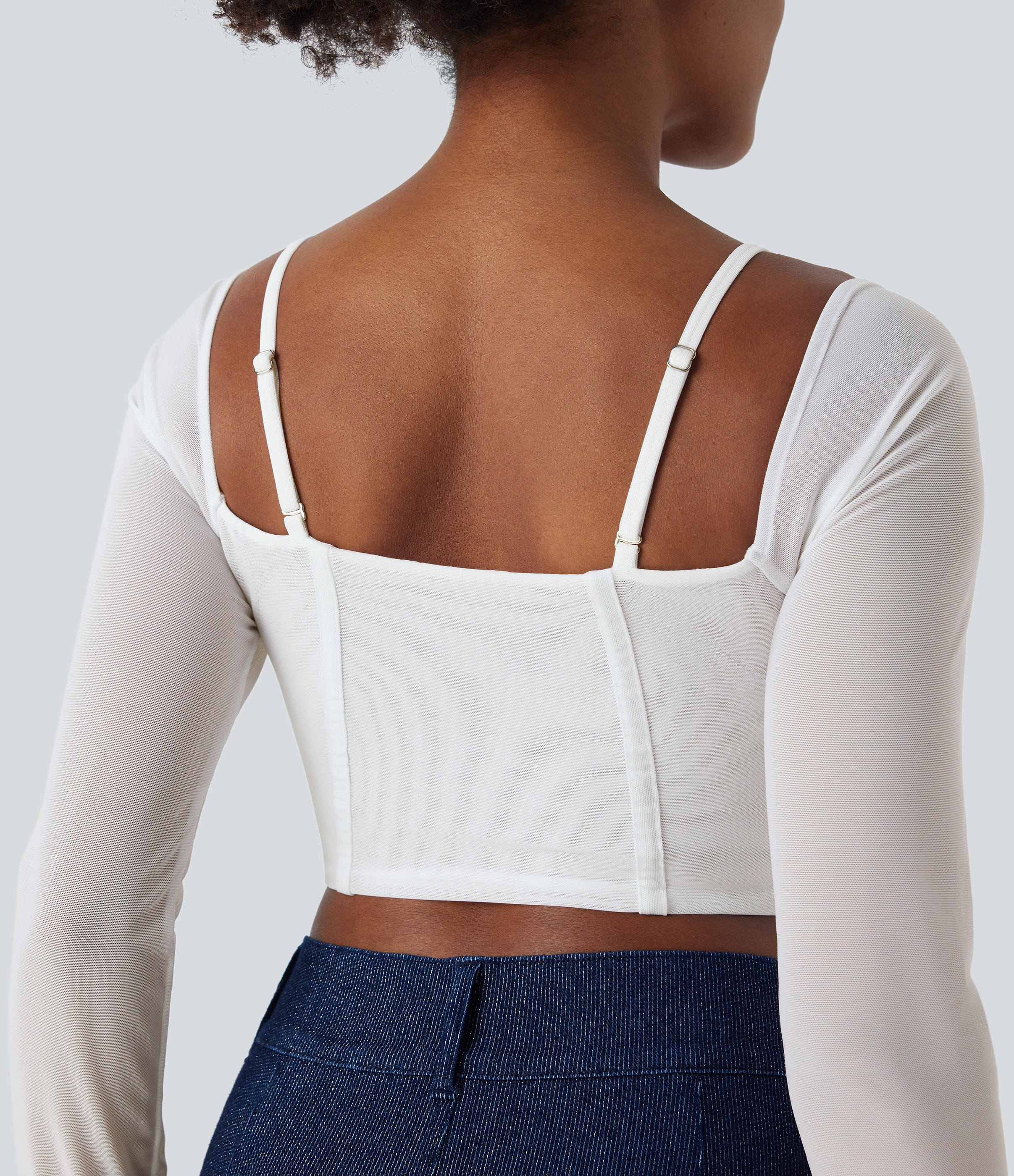 Halara Sheer Adjustable Strap Backless Long Sleeve Mesh Corset Cropped Casual Top Tank Top - Snow White - M golf tops halter top tunic tops 