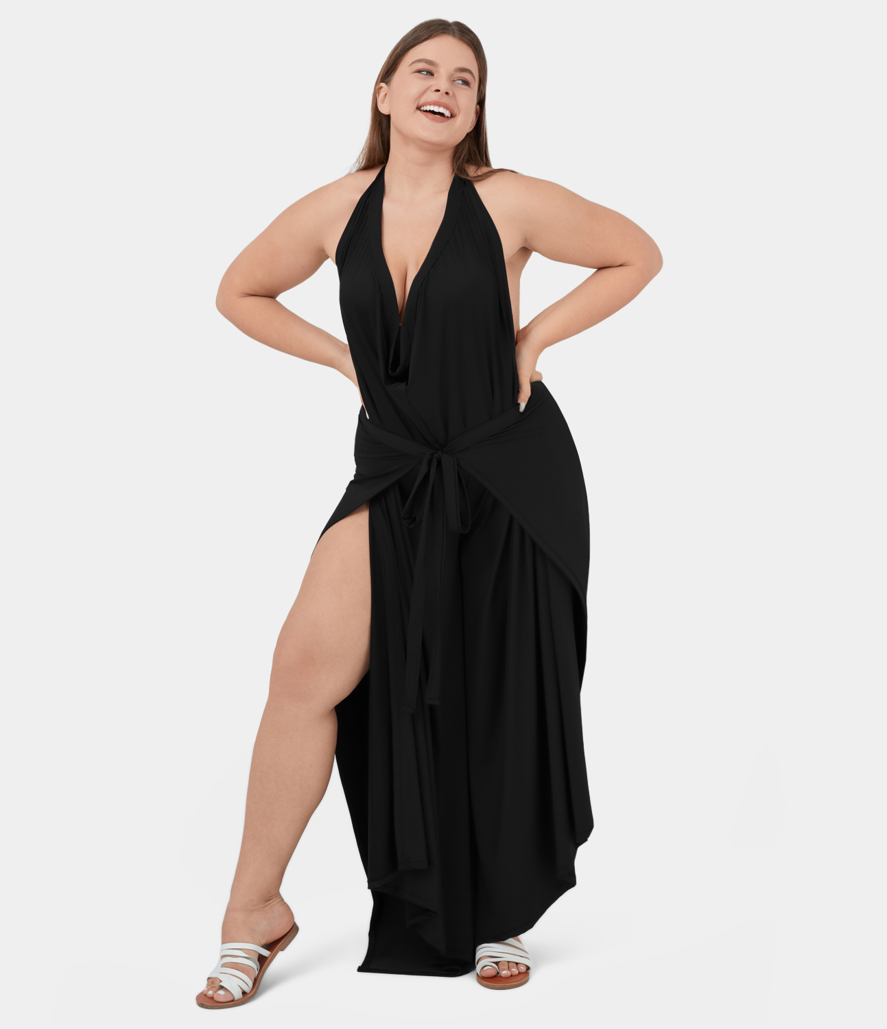 Halara High Waisted Tie Front Split Hem Palazzo Wide Leg Flowy Casual Plus Size Pants  - Tap Shoe - 2X(regular) 