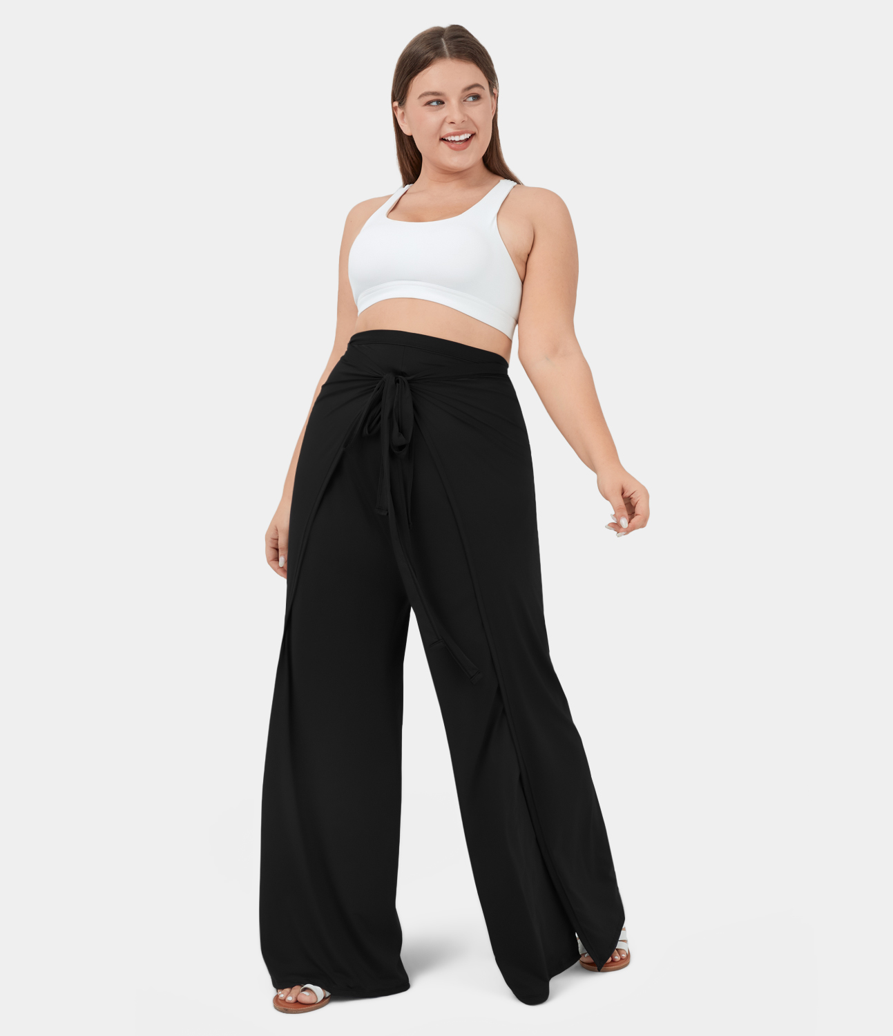 Halara High Waisted Tie Front Split Hem Palazzo Wide Leg Flowy Casual Plus Size Pants  - Tap Shoe - 2X(regular) 
