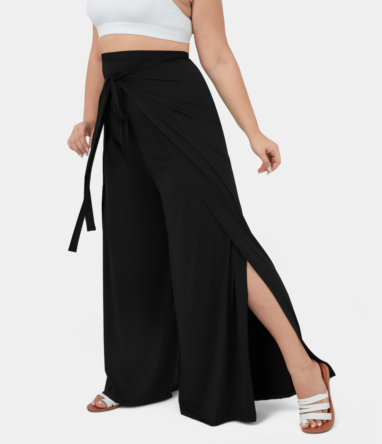 Halara High Waisted Tie Front Split Hem Palazzo Wide Leg Flowy Casual Plus Size Pants  - Tap Shoe - 2X(regular) 