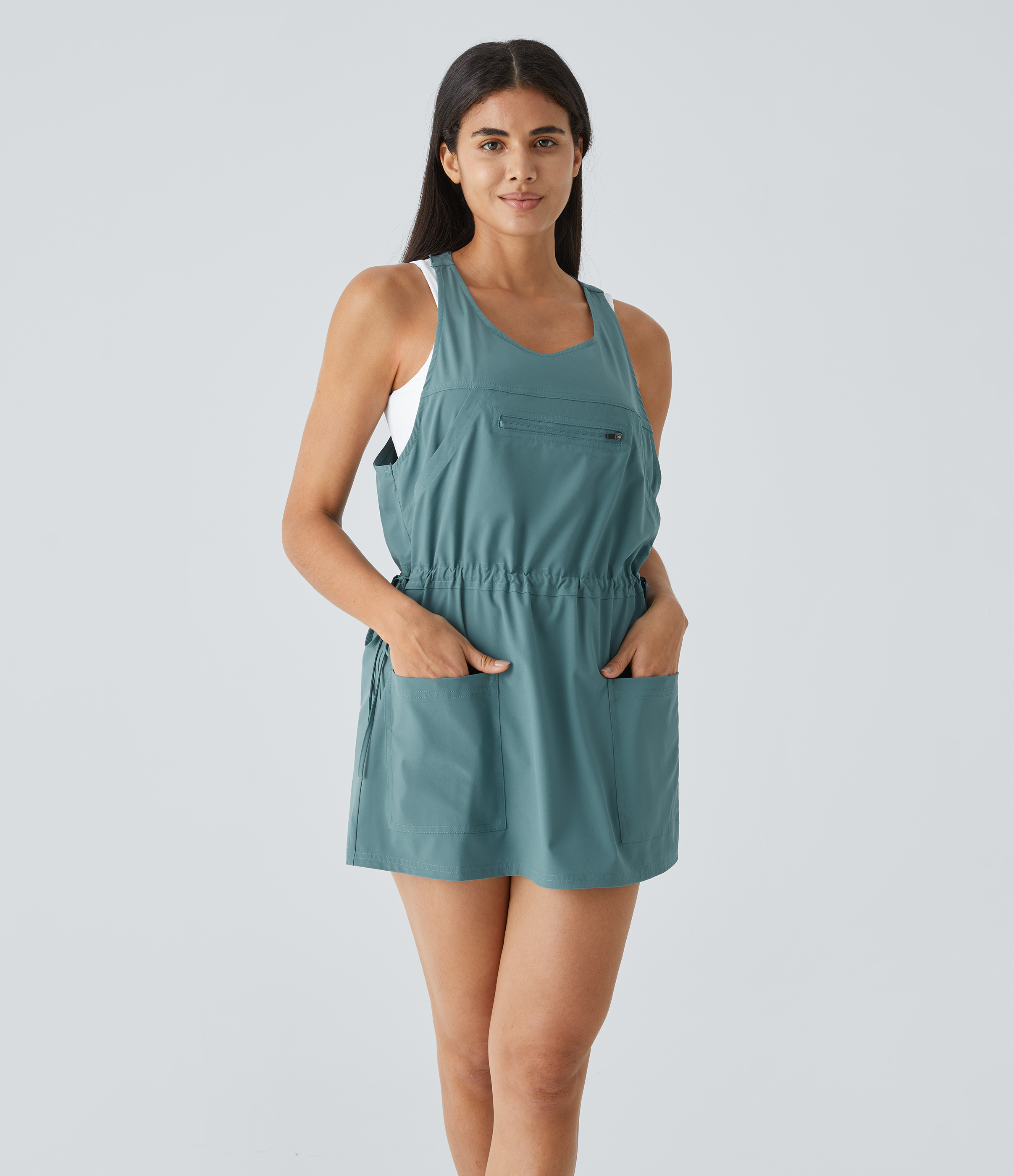 Halara Breezefulв„ў Backless Multiple Pockets Drawstring 2-Piece Quick Dry Mini Hiking Active Dress Workout Dress - Stone Blue - XL 