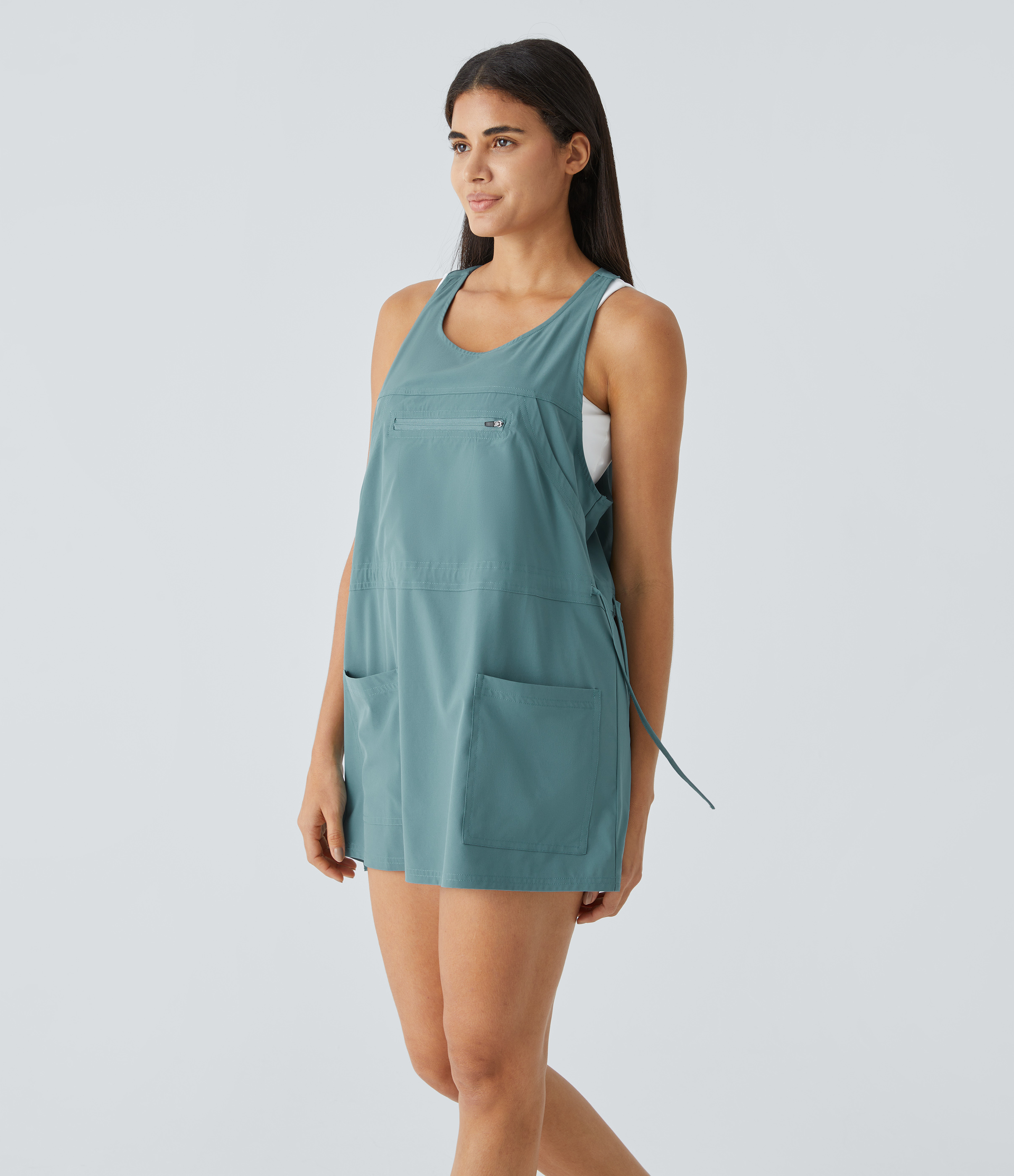 Halara Breezefulв„ў Backless Multiple Pockets Drawstring 2-Piece Quick Dry Mini Hiking Active Dress Workout Dress - Stone Blue - XL 
