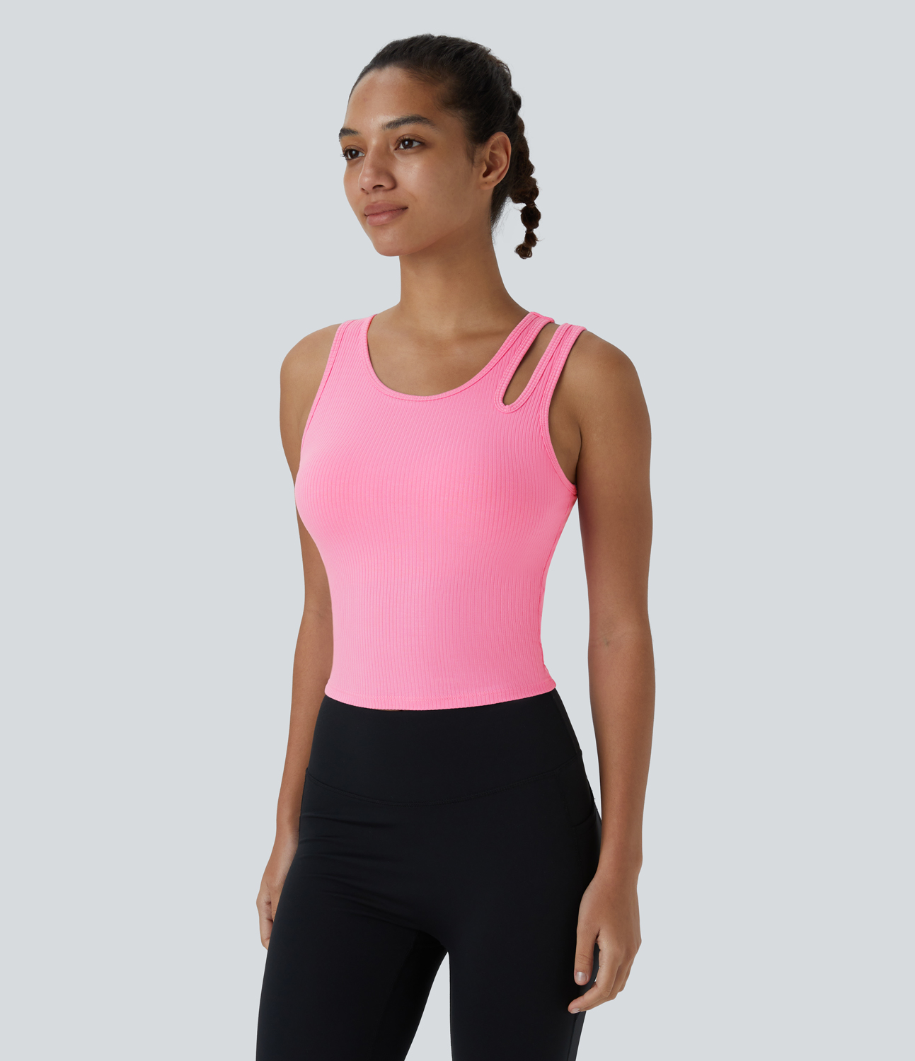 Halara Ribbed Knit Asymmetric Cut Out Cropped Yoga Tank Top Tank Top - Prism Pink - XS golf tops halter top tunic tops sleeveless tops 