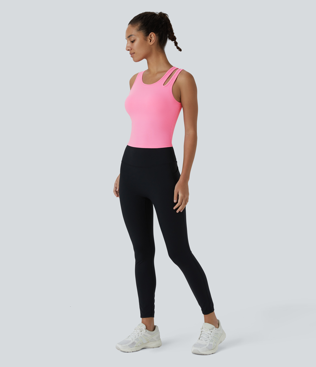 Halara Ribbed Knit Asymmetric Cut Out Cropped Yoga Tank Top Tank Top - Prism Pink - XS golf tops halter top tunic tops sleeveless tops 