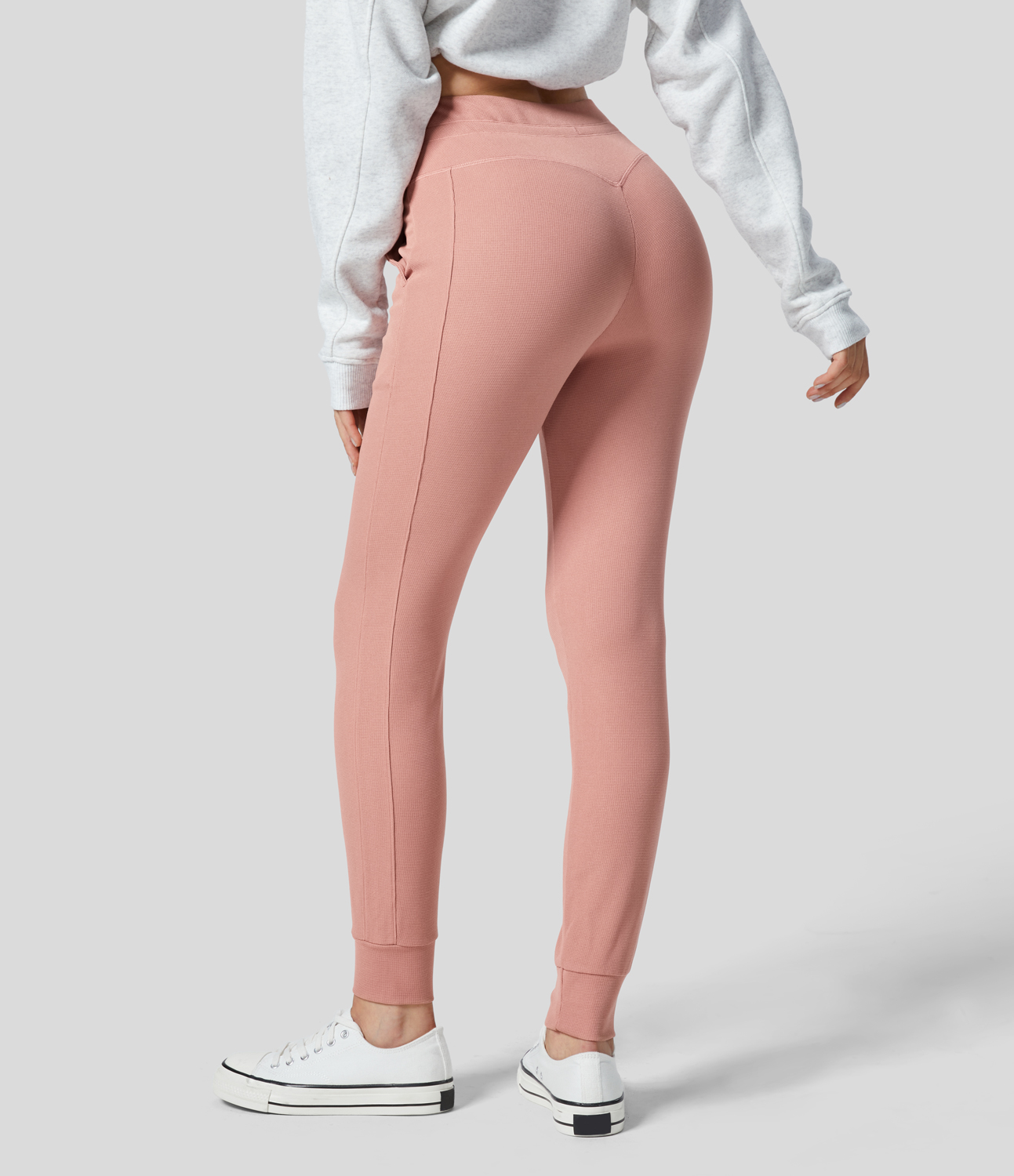 Halara High Waisted Drawstring Side Pocket Full Length Waffle Yoga Joggers  - Rose Tan - XL(regular) 