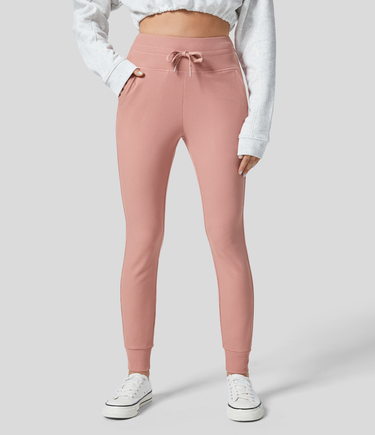 Halara High Waisted Drawstring Side Pocket Full Length Waffle Yoga Joggers  - Rose Tan - XL(regular) 