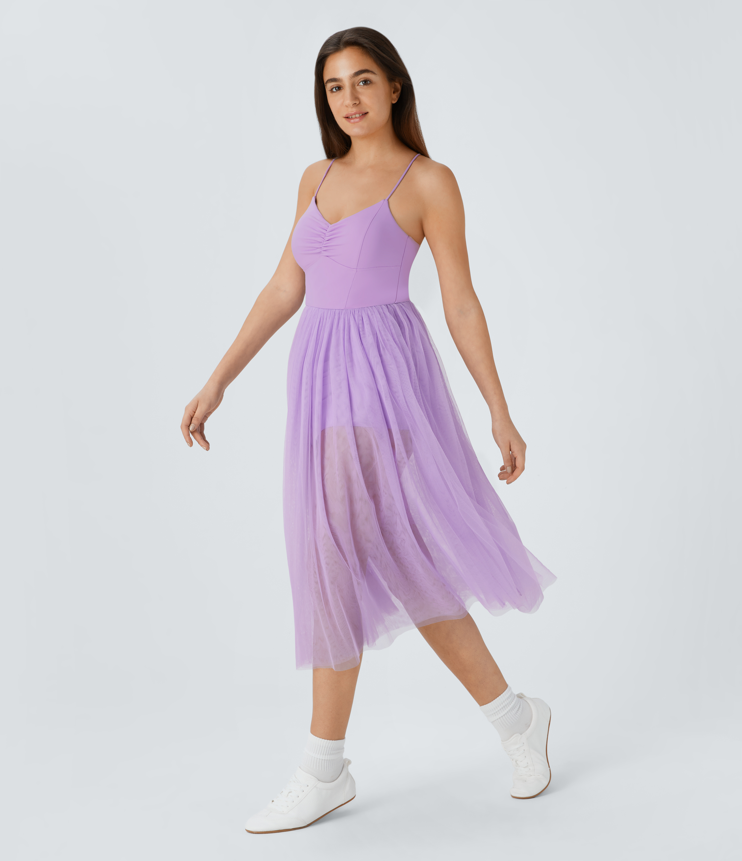Halara V Neck Ruched Backless Crisscross Lace Up Contrast Mesh Midi Casual Dress Casual Dress - Orchid Bloom - M slip dress beach dress 