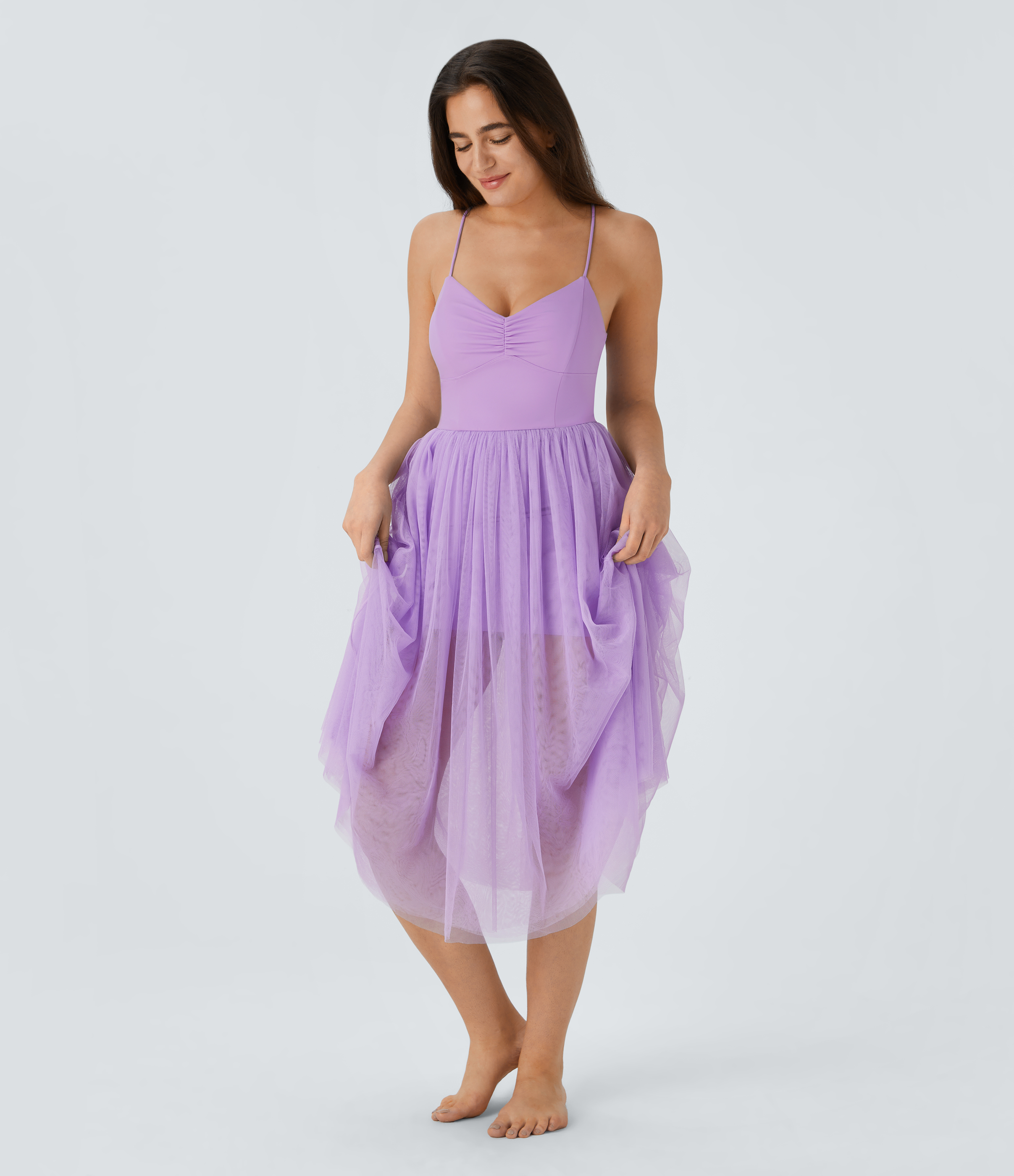 Halara V Neck Ruched Backless Crisscross Lace Up Contrast Mesh Midi Casual Dress Casual Dress - Orchid Bloom - M slip dress beach dress 