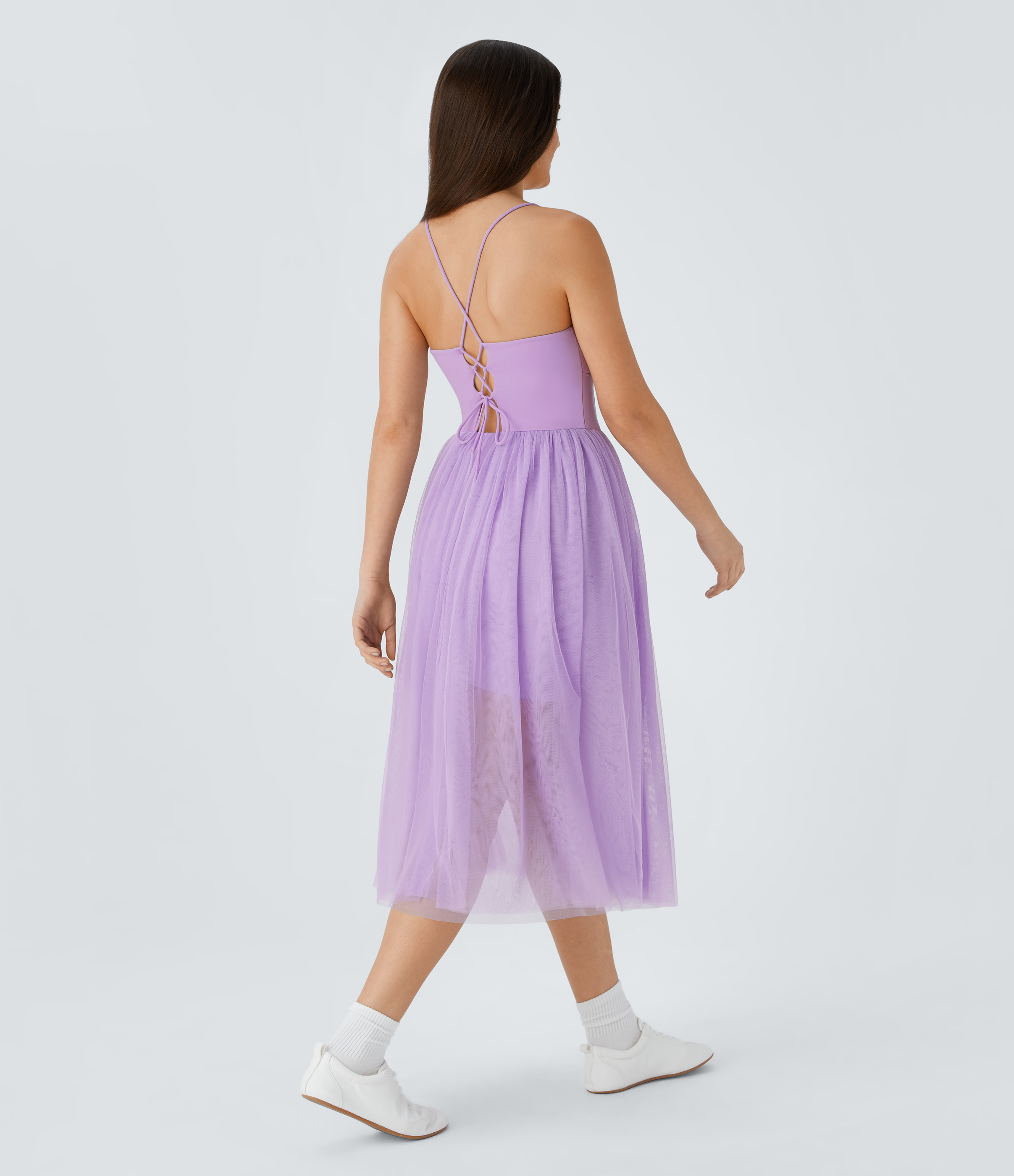 Halara V Neck Ruched Backless Crisscross Lace Up Contrast Mesh Midi Casual Dress Casual Dress - Orchid Bloom - M slip dress beach dress 