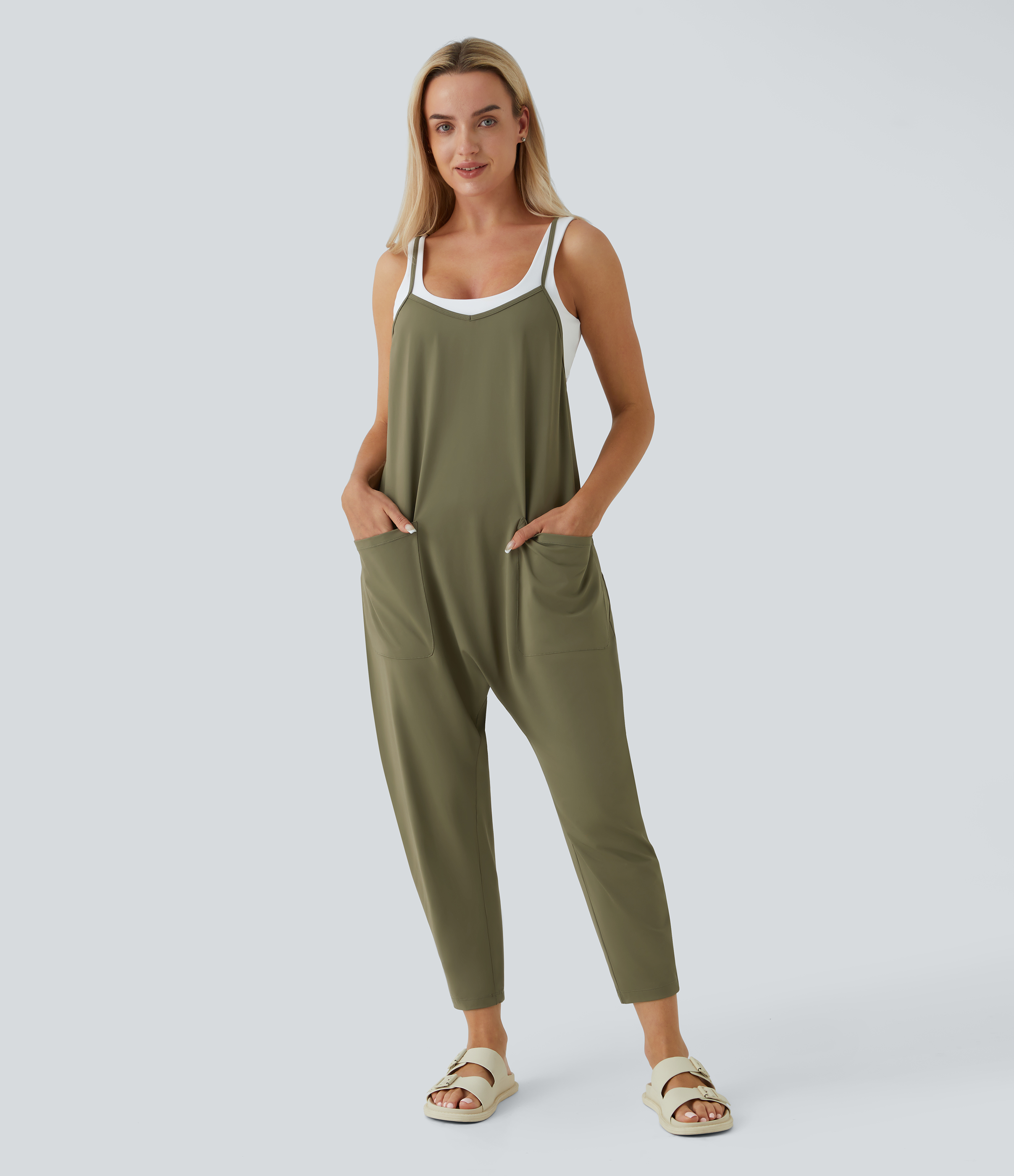 Backless Multi-Pocket Ankle Length Casual Loose Tapered Jumpsuit