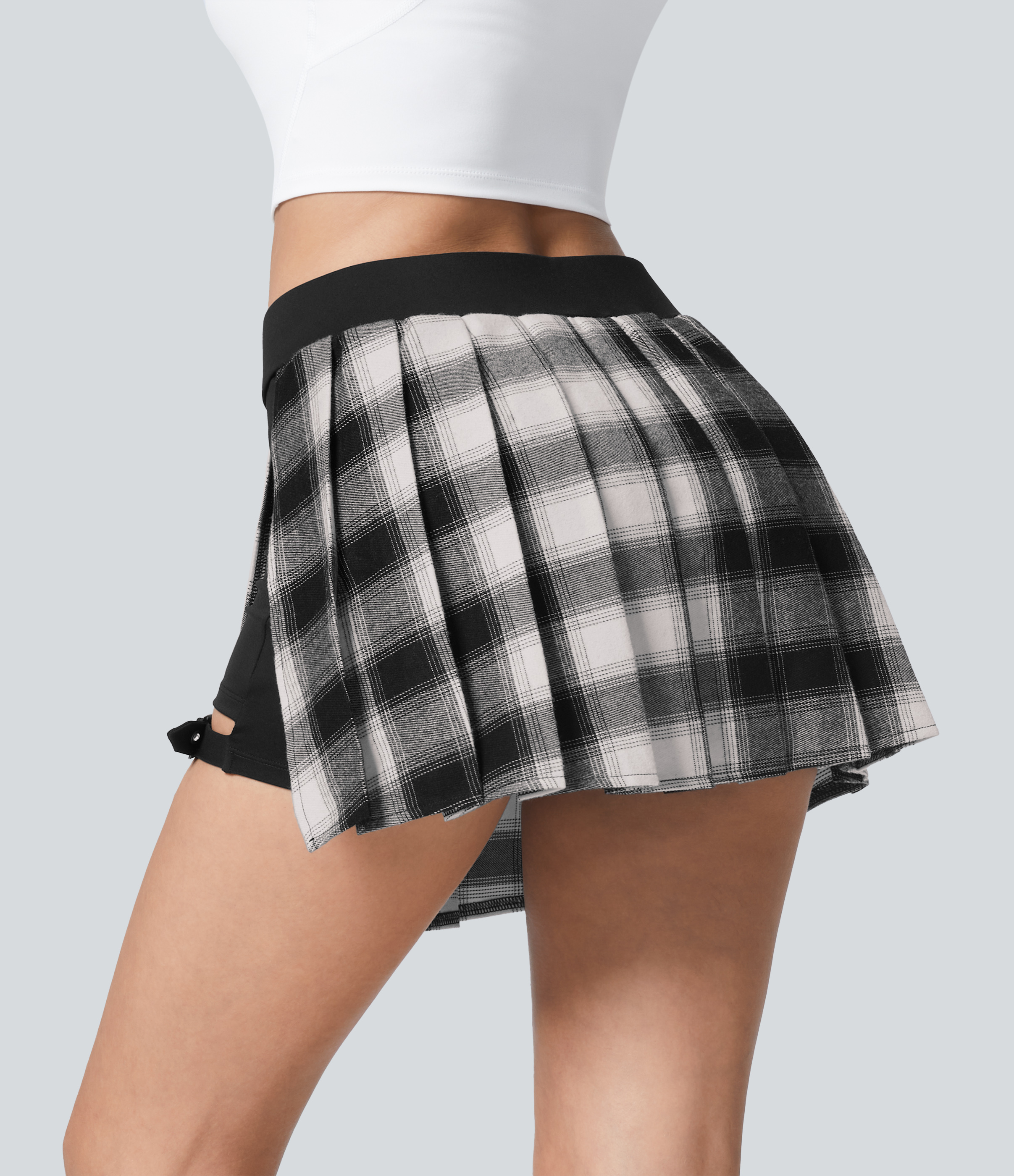 Halara High Waisted Pleated 2-in-1 Side Pocket Adjustable Buckle Plaid Mini Casual Skirt  - Black And White Gingham - XL(regular) 