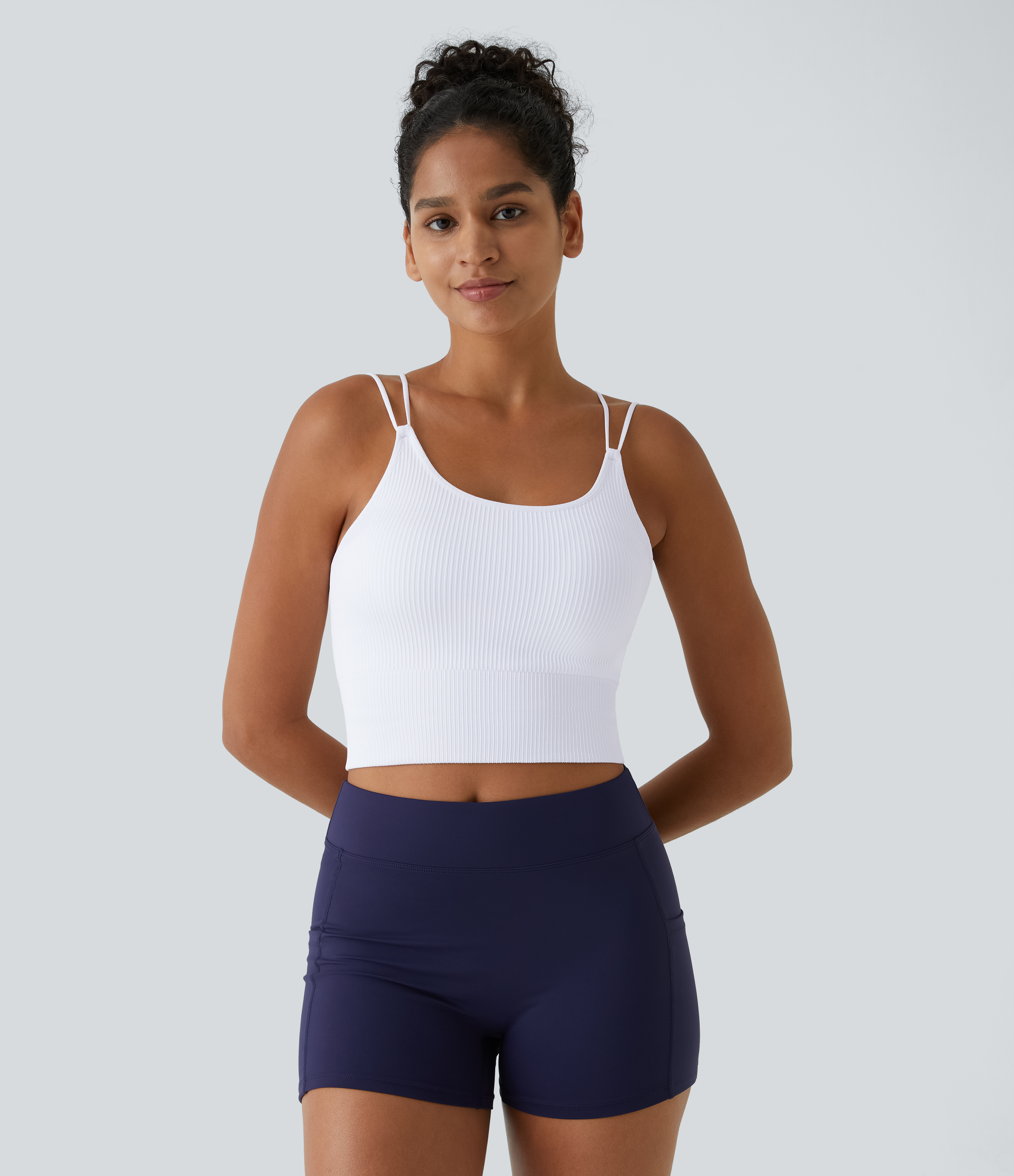 Halara Seamless Flow Double Straps V Back Cropped Running Cami Top Tank Top - White - XXS golf tops halter top tunic tops sleeveless tops 