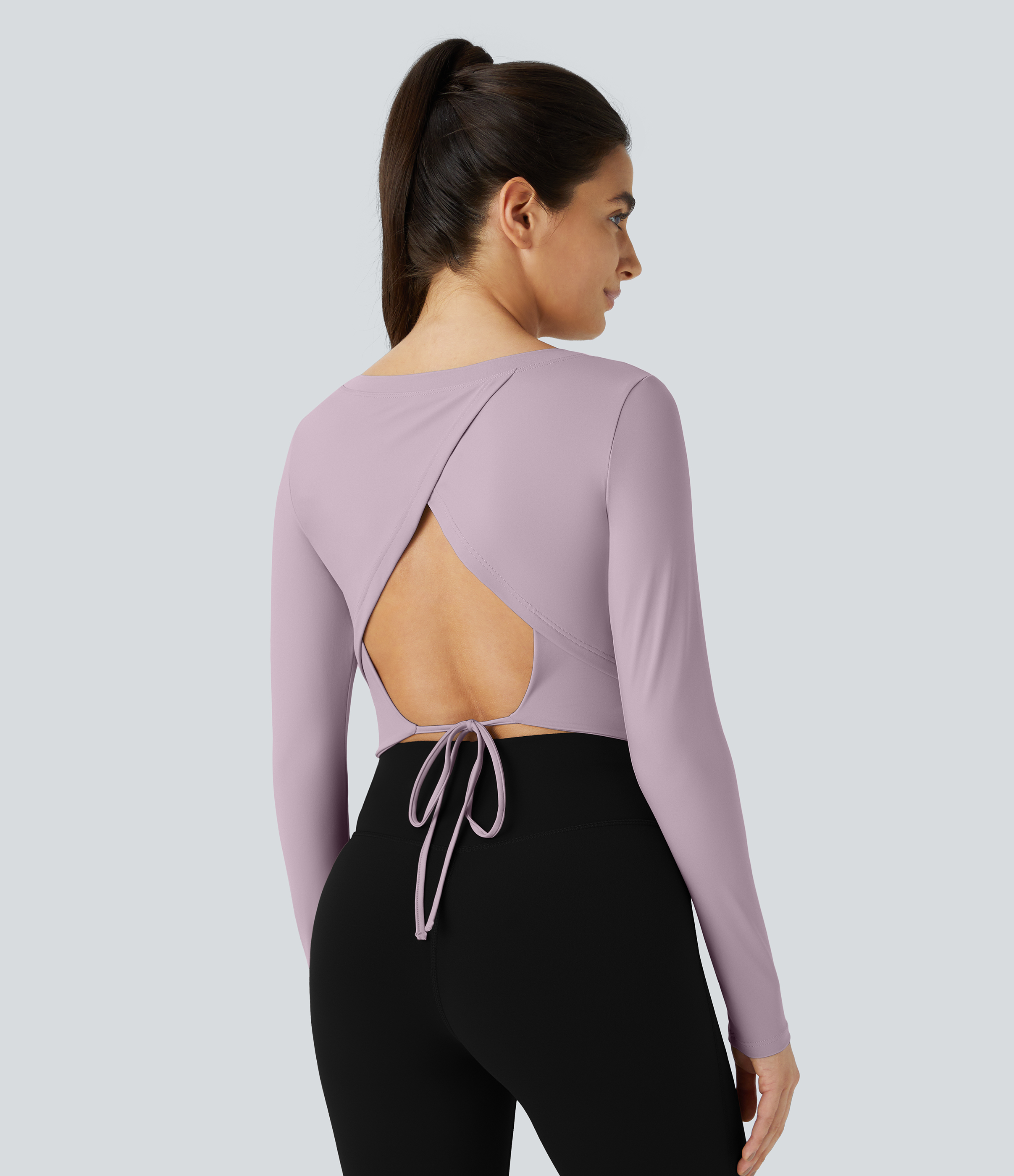 Halara Long Sleeve Backless Cut Out Tie Back Cropped Barre Ballet Dance Sports Top  - Pink Purple - L 