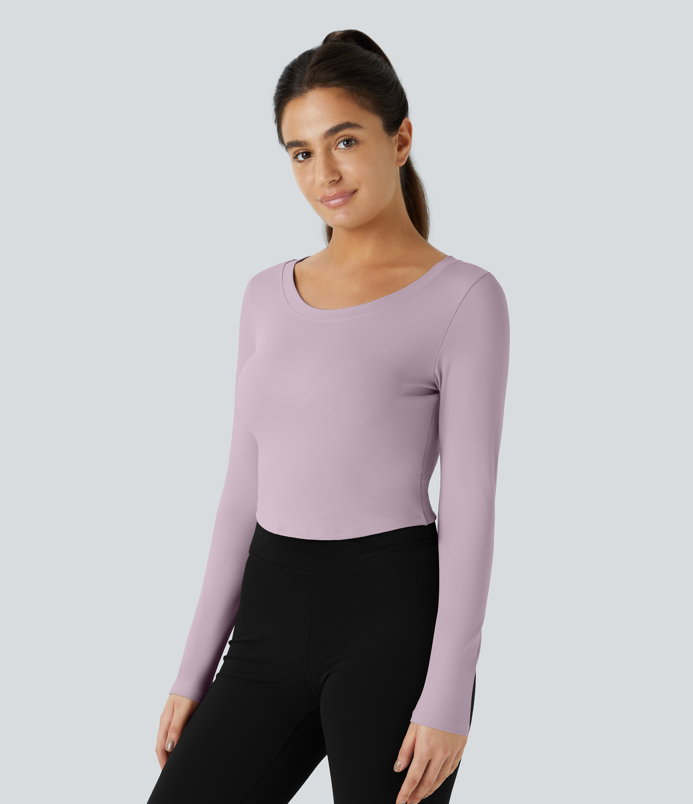 Halara Long Sleeve Backless Cut Out Tie Back Cropped Barre Ballet Dance Sports Top  - Pink Purple - L 