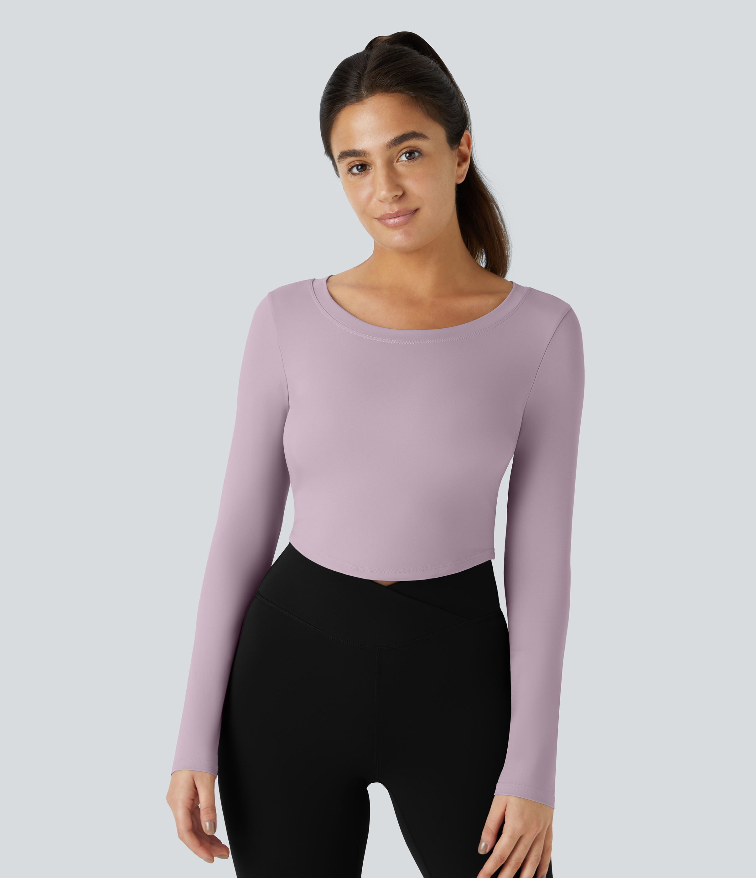 Halara Long Sleeve Backless Cut Out Tie Back Cropped Barre Ballet Dance Sports Top  - Pink Purple - L 
