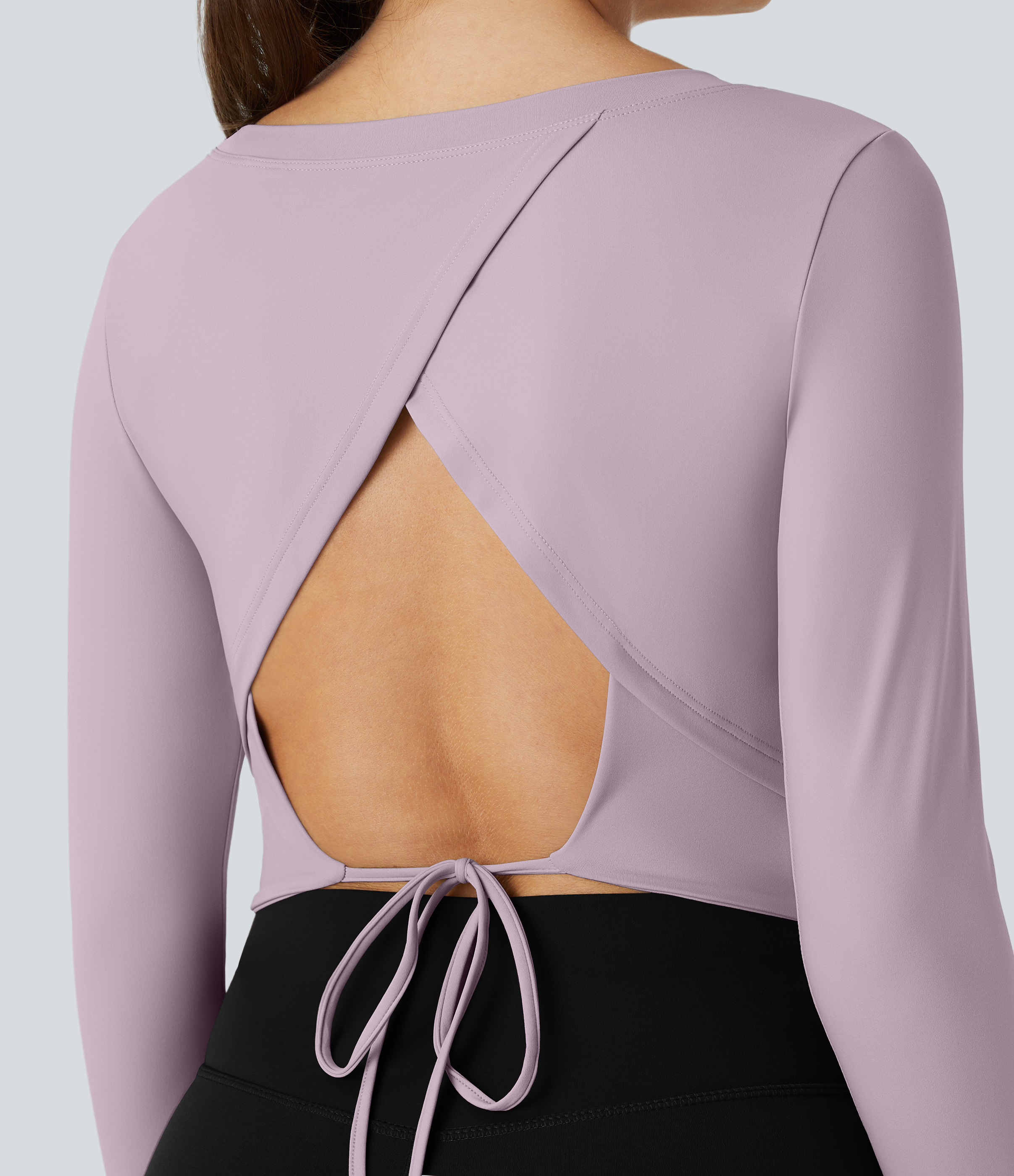 Halara Long Sleeve Backless Cut Out Tie Back Cropped Barre Ballet Dance Sports Top  - Pink Purple - L 