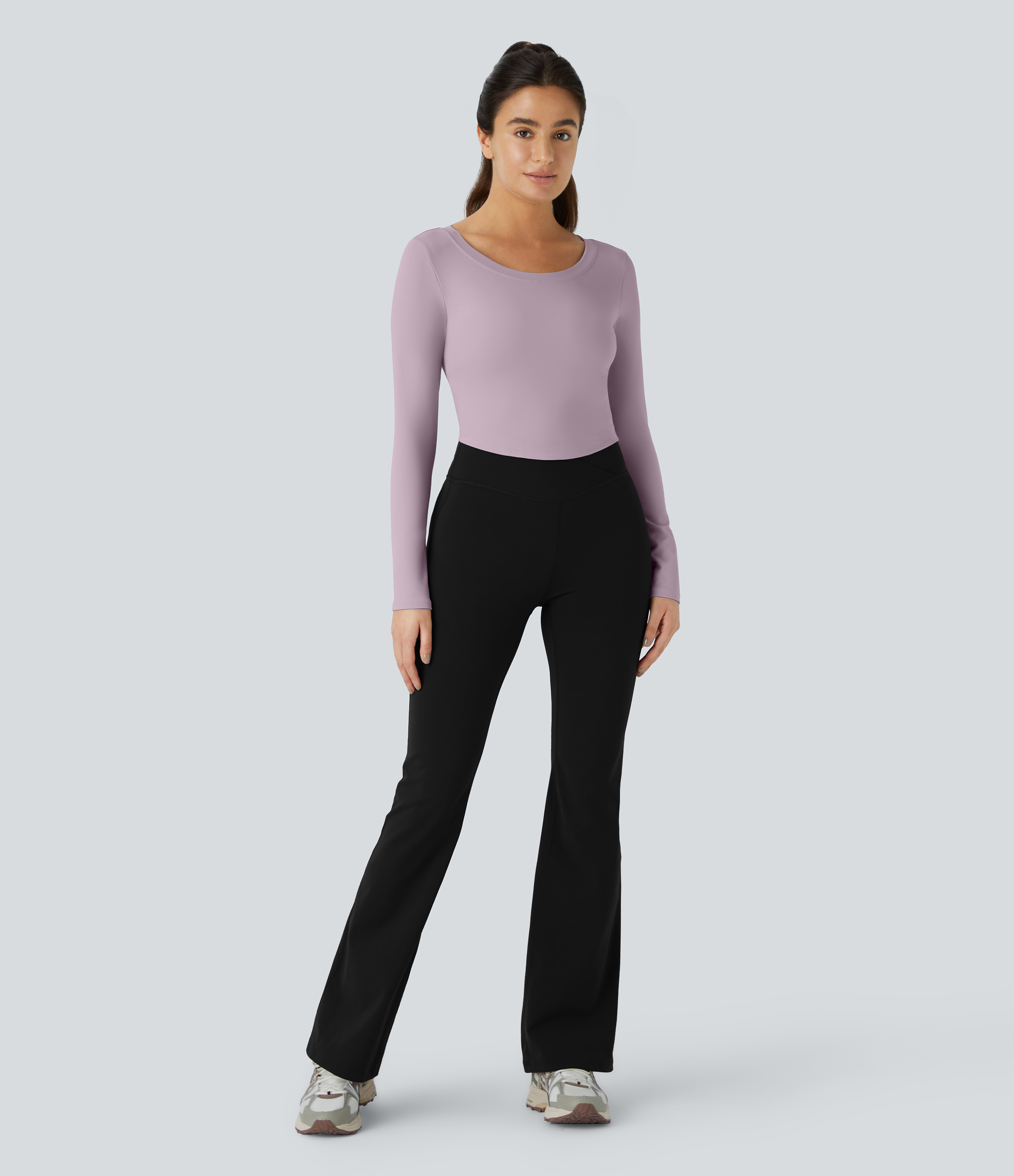 Halara Long Sleeve Backless Cut Out Tie Back Cropped Barre Ballet Dance Sports Top  - Pink Purple - L 