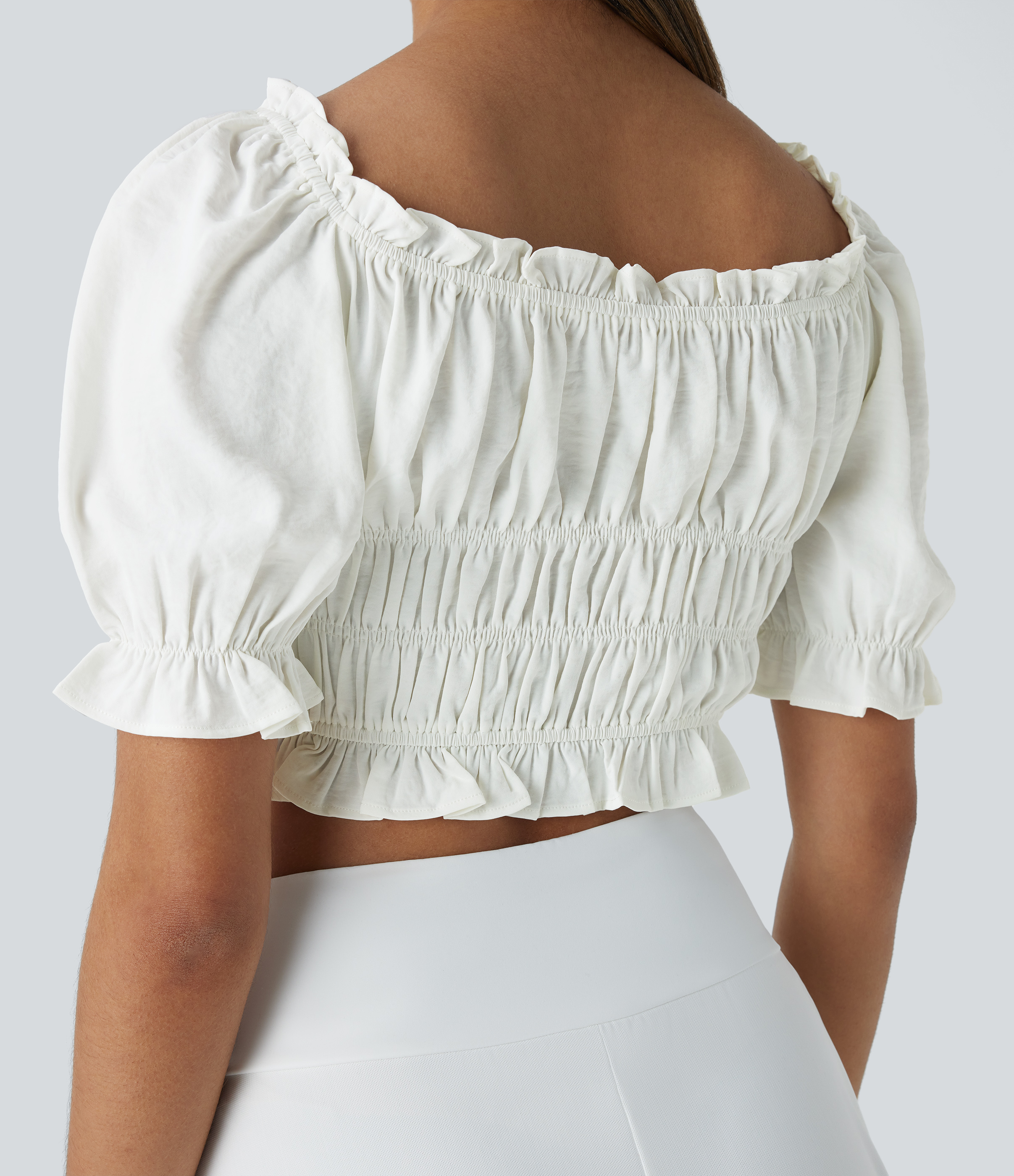 Halara U Neck Puff Sleeve Frill Shirred Cropped Casual Top Tank Top - White - XL golf tops halter top tunic tops sleeveless tops backless top 