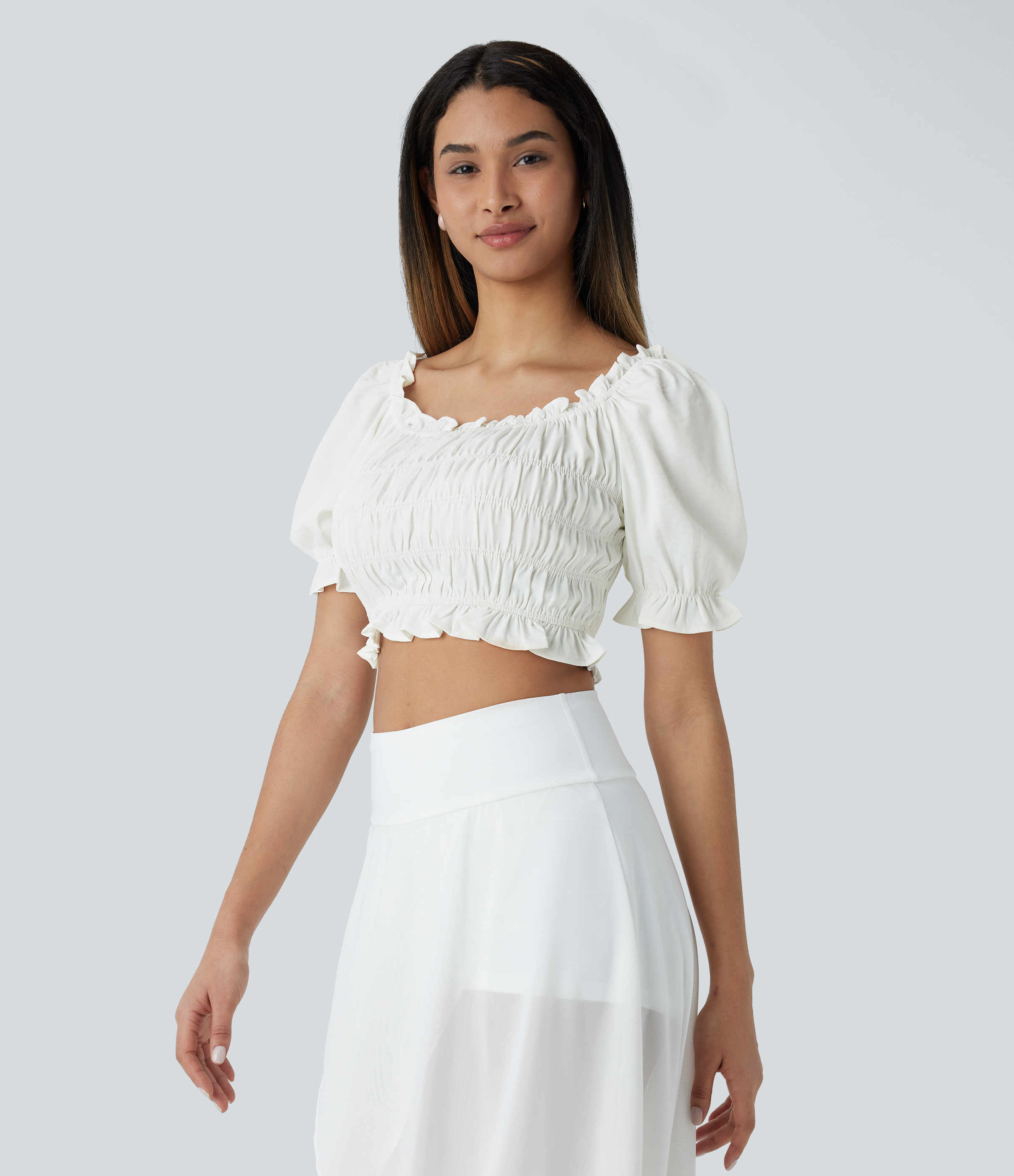 Halara U Neck Puff Sleeve Frill Shirred Cropped Casual Top Tank Top - White - XL golf tops halter top tunic tops sleeveless tops backless top 