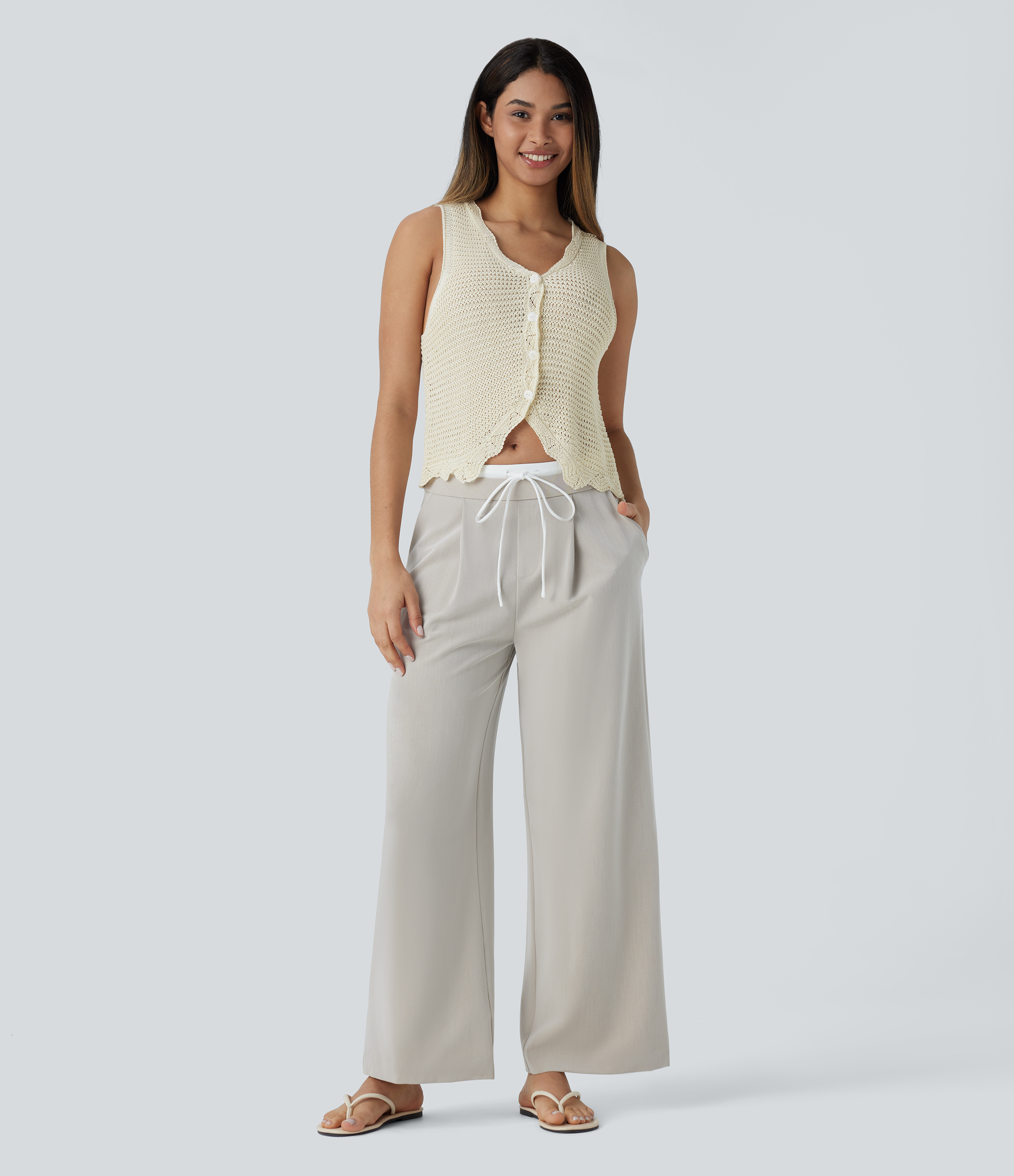 Halara V Neck Button Front Cut Out Resort Sweater Vest  - White Asparagus - L 