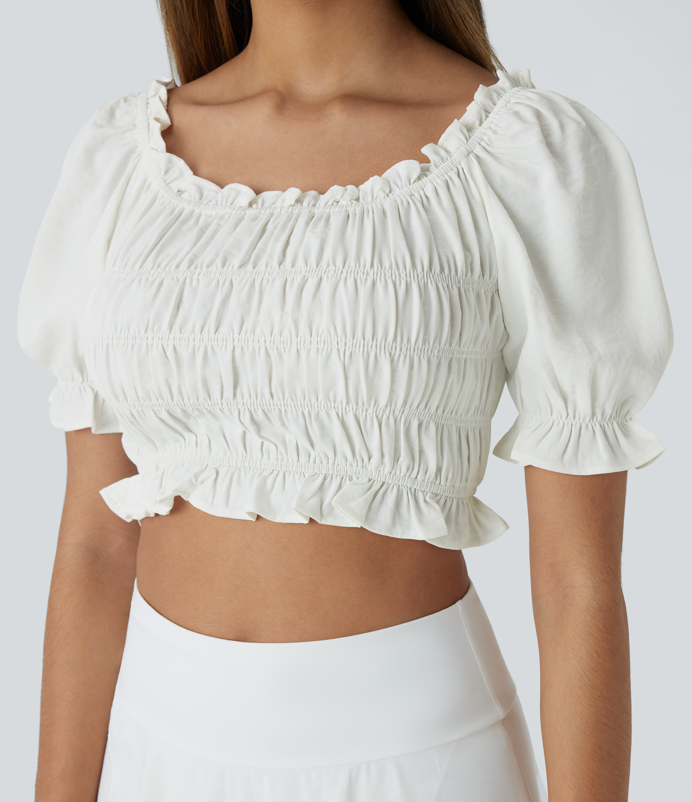 Halara U Neck Puff Sleeve Frill Shirred Cropped Casual Top Tank Top - White - XL golf tops halter top tunic tops sleeveless tops backless top 