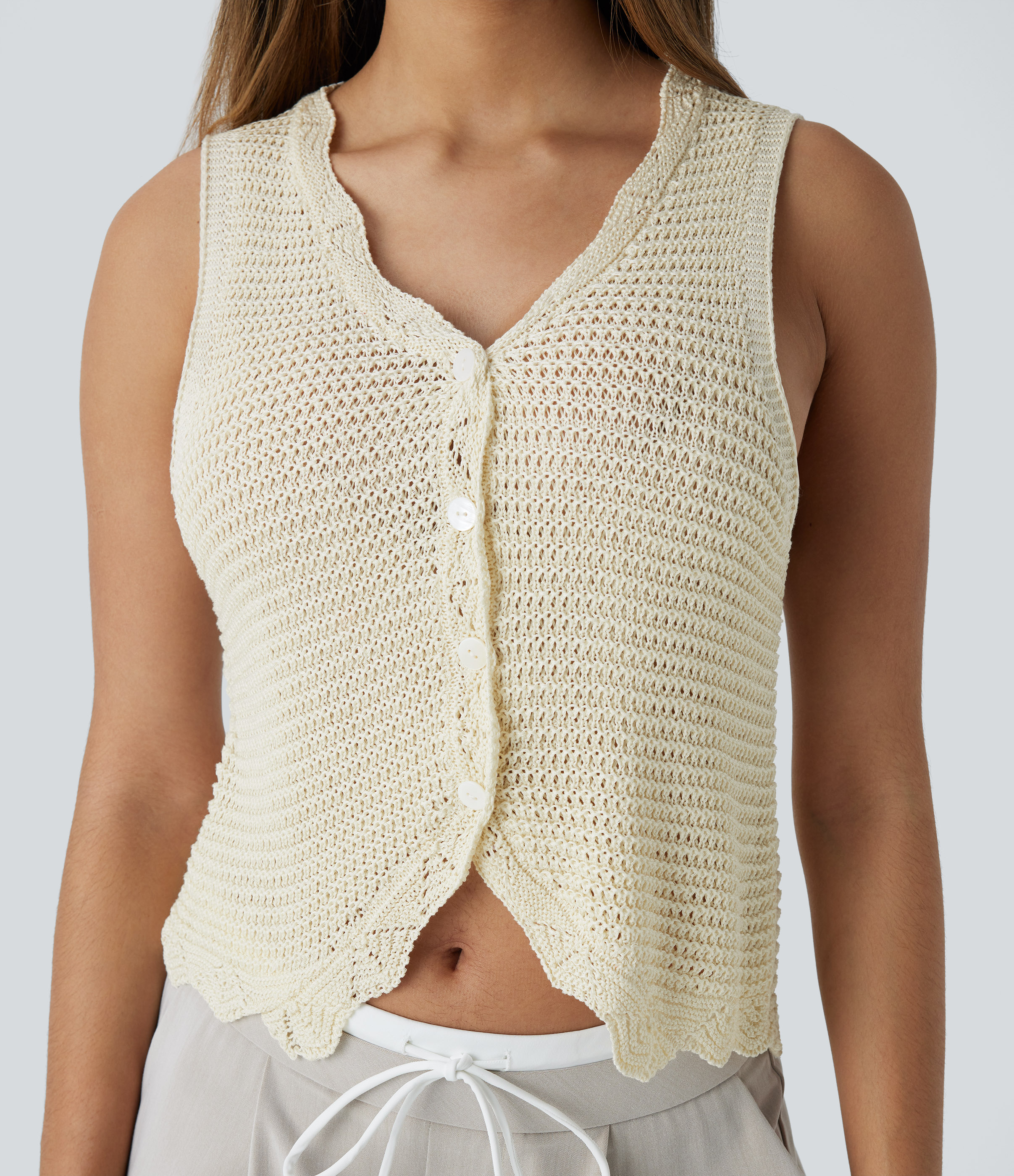 Halara V Neck Button Front Cut Out Resort Sweater Vest  - White Asparagus - L 