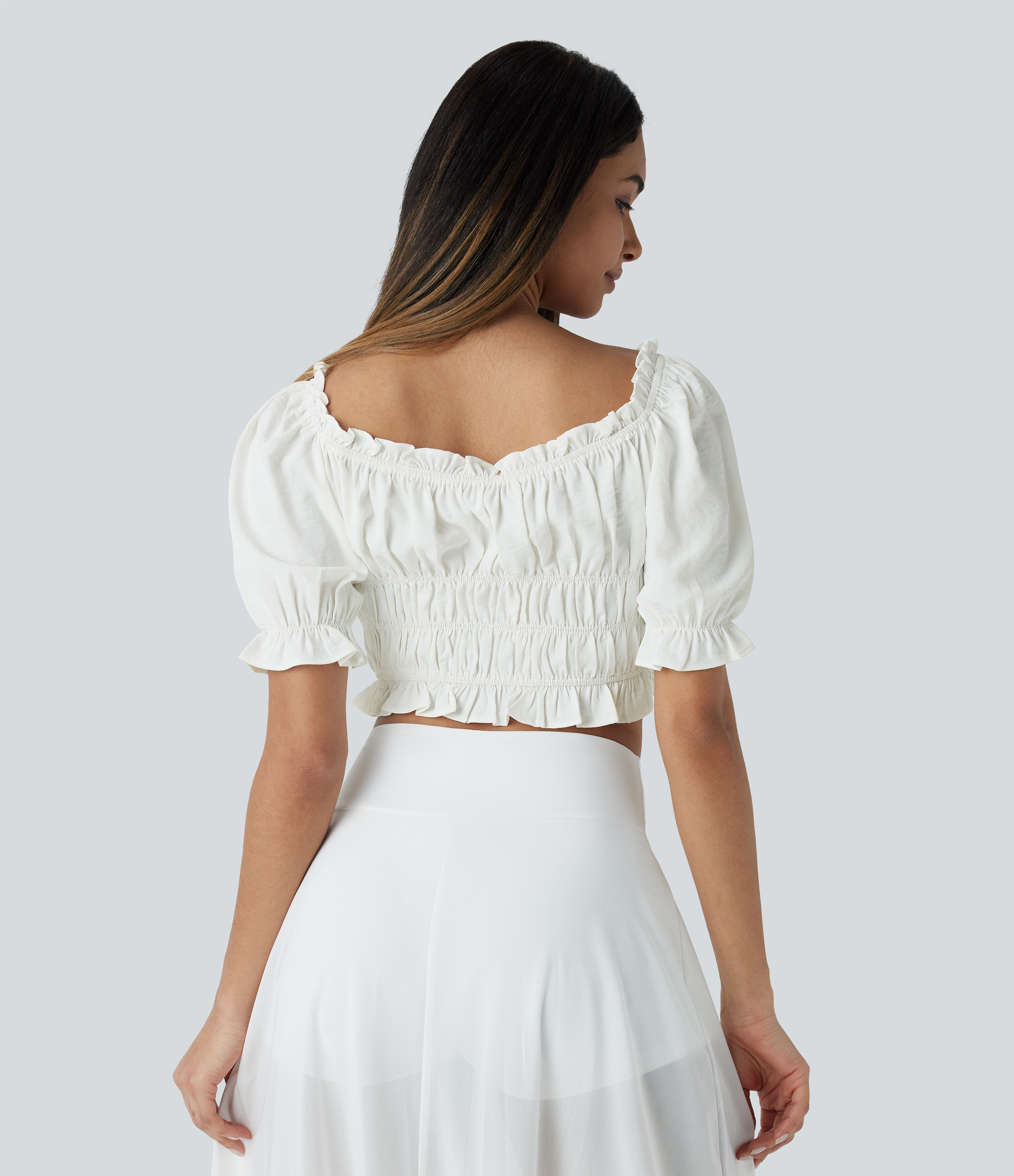 Halara U Neck Puff Sleeve Frill Shirred Cropped Casual Top Tank Top - White - XL golf tops halter top tunic tops sleeveless tops backless top 