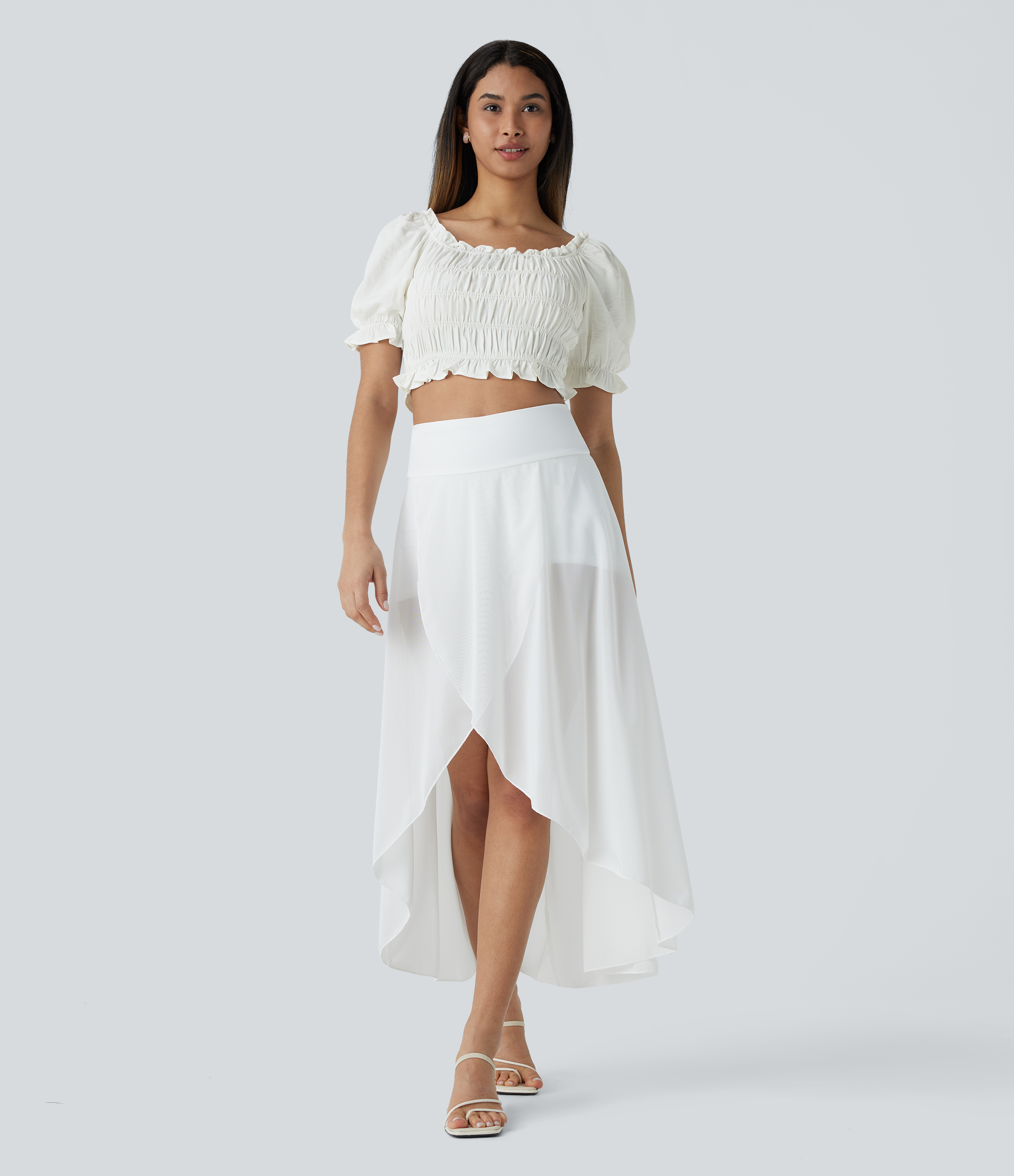 Halara U Neck Puff Sleeve Frill Shirred Cropped Casual Top Tank Top - White - XL golf tops halter top tunic tops sleeveless tops backless top 