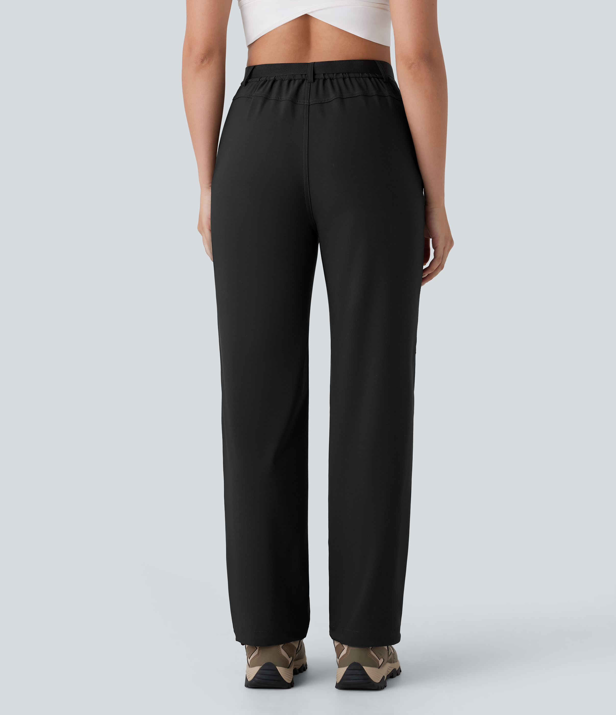 Halara Water Repellent High Waisted Belted Side Zip Pocket Straight Leg Adjustable Drawcord Hiking Pants  - Black - L(regular) 